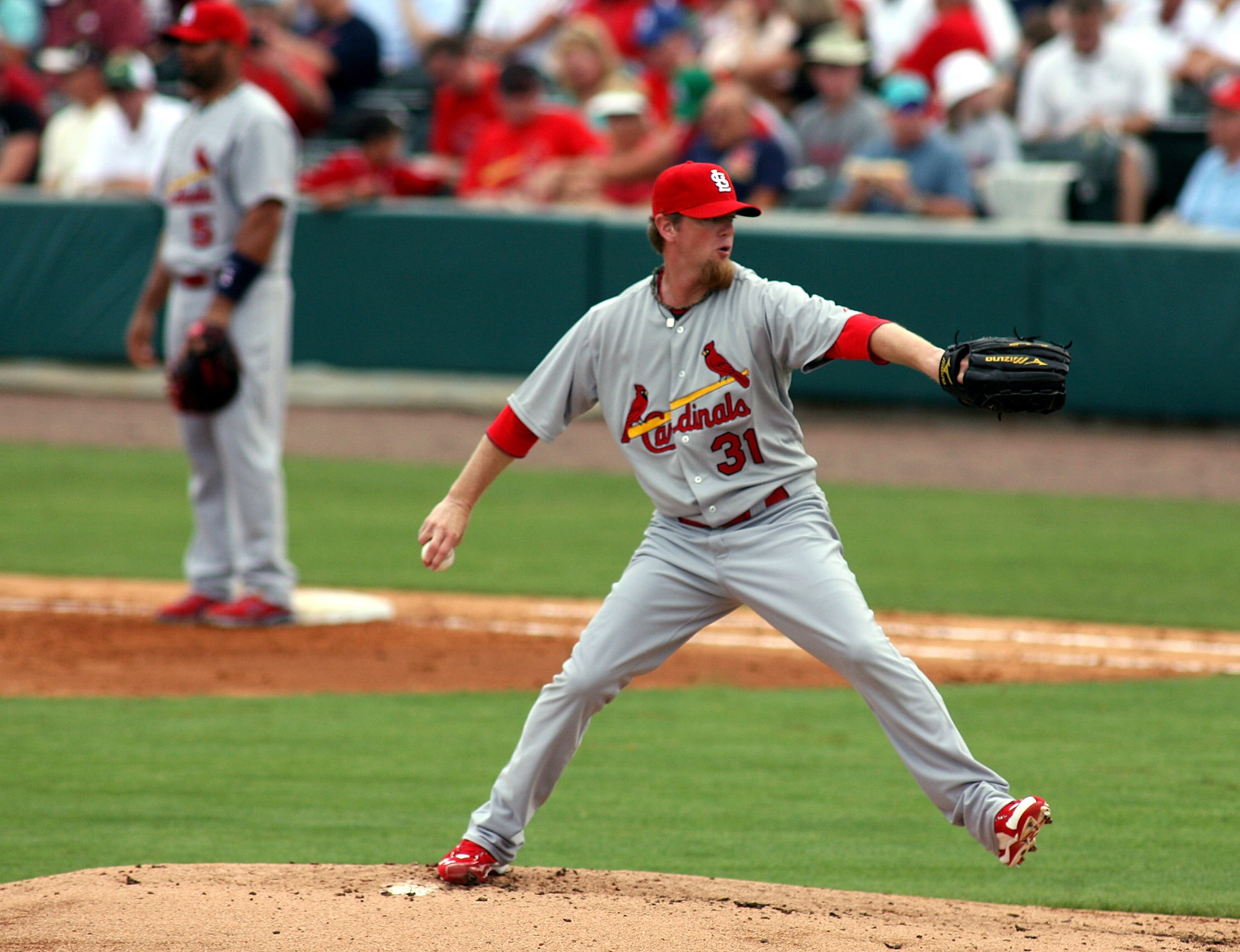JUPITER, FL - MARCH 06:  Pitcher Ryan Franklin #31  of the St. Louis Cardinals throws against the Florida Marlins at Roger Dean Stadium on March 6, 2011 in Jupiter, Florida.  (Photo by Marc Serota/Getty Images)
