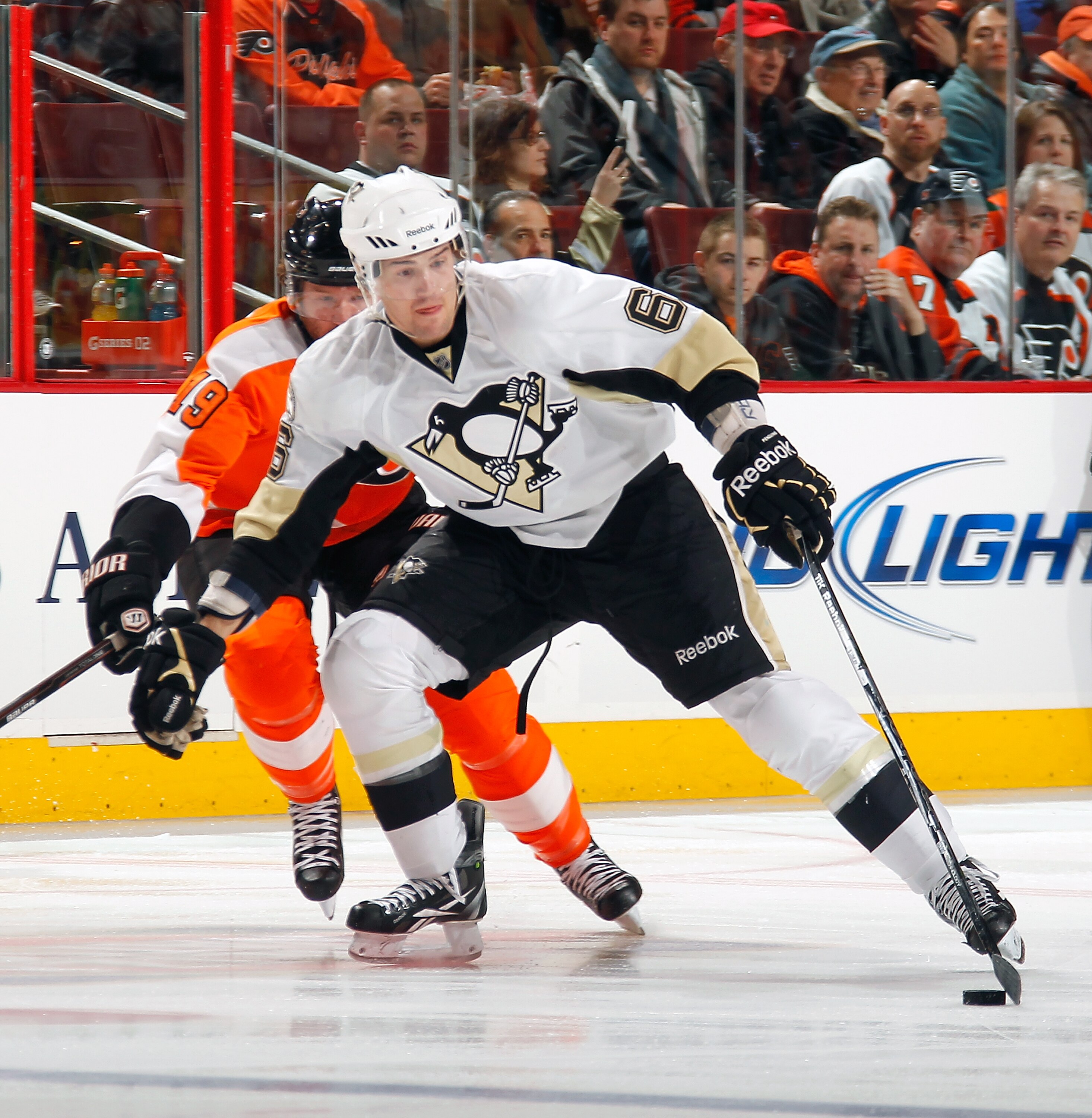 PHILADELPHIA, PA - MARCH 24:  Ben Lovejoy #6 of the Pittsburgh Penguins skates with the puck during a game against the Philadelphia Flyers on March 24, 2011 at the Wells Fargo Center in Philadelphia, Pennsylvania.  (Photo by Lou Capozzola/Getty Images)