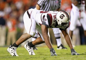 AUBURN, AL - SEPTEMBER 25:  Cliff Matthews #83 of the South Carolina Gamecocks against the Auburn Tigers at Jordan-Hare Stadium on September 25, 2010 in Auburn, Alabama.  (Photo by Kevin C. Cox/Getty Images)