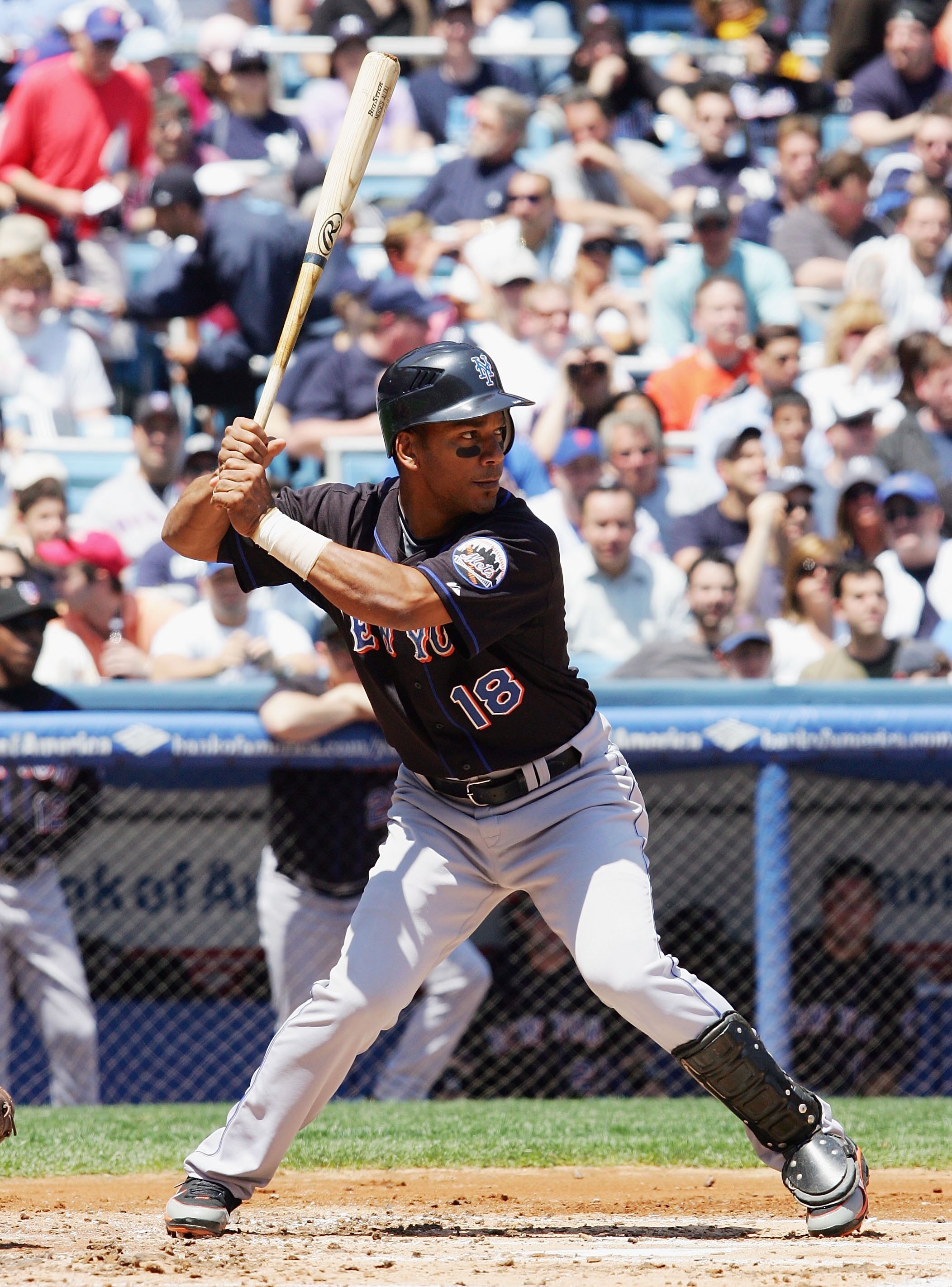 NEW YORK - MAY 17: Moises Alou #18 of the New York Mets bats against the New York Yankees on May 17, 2008 at Yankee Stadium in the Bronx borough of New York City. (Photo by Jim McIsaac/Getty Images)