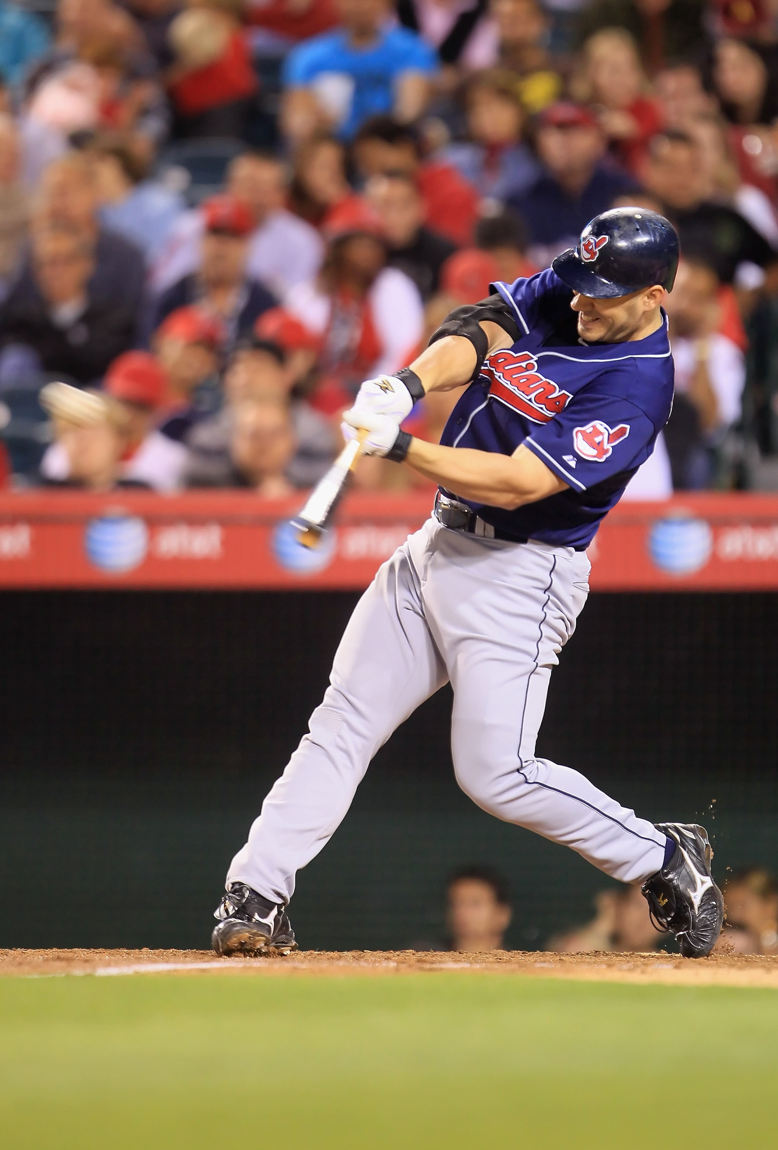 ANAHEIM, CA - SEPTEMBER 07:  Travis Hafner #48 of the Cleveland Indians hits a solo home run in the sixth inning against the Los Angeles Angels of Anaheim at Angel Stadium on September 7, 2010 in Anaheim, California.  (Photo by Jeff Gross/Getty Images)