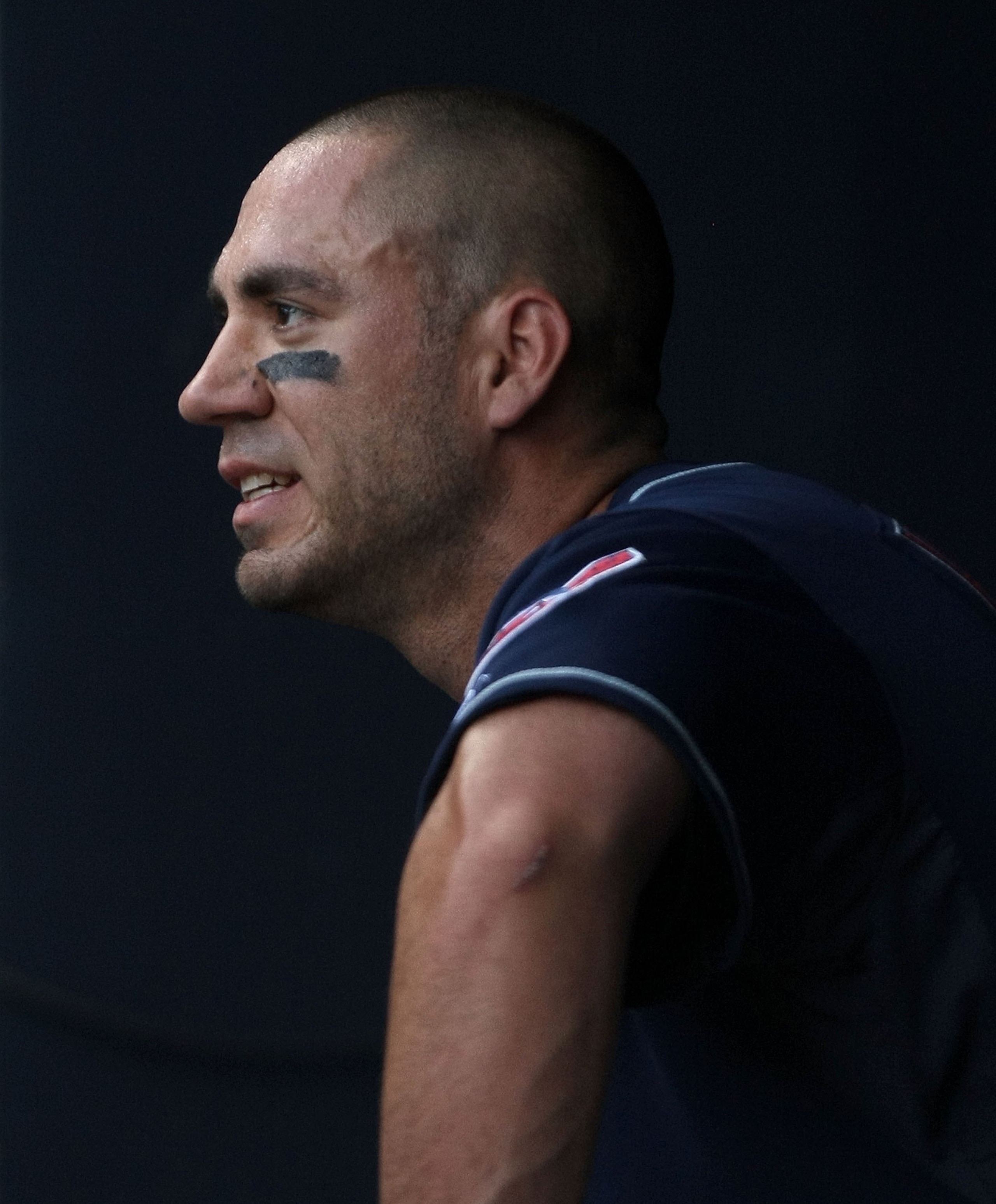 NEW YORK - APRIL 18:  Travis Hafner #48 of the Cleveland Indians in the dugout against the New York Yankees at Yankee Stadium on April 18, 2009 in the Bronx borough of New York City.  (Photo by Nick Laham/Getty Images)