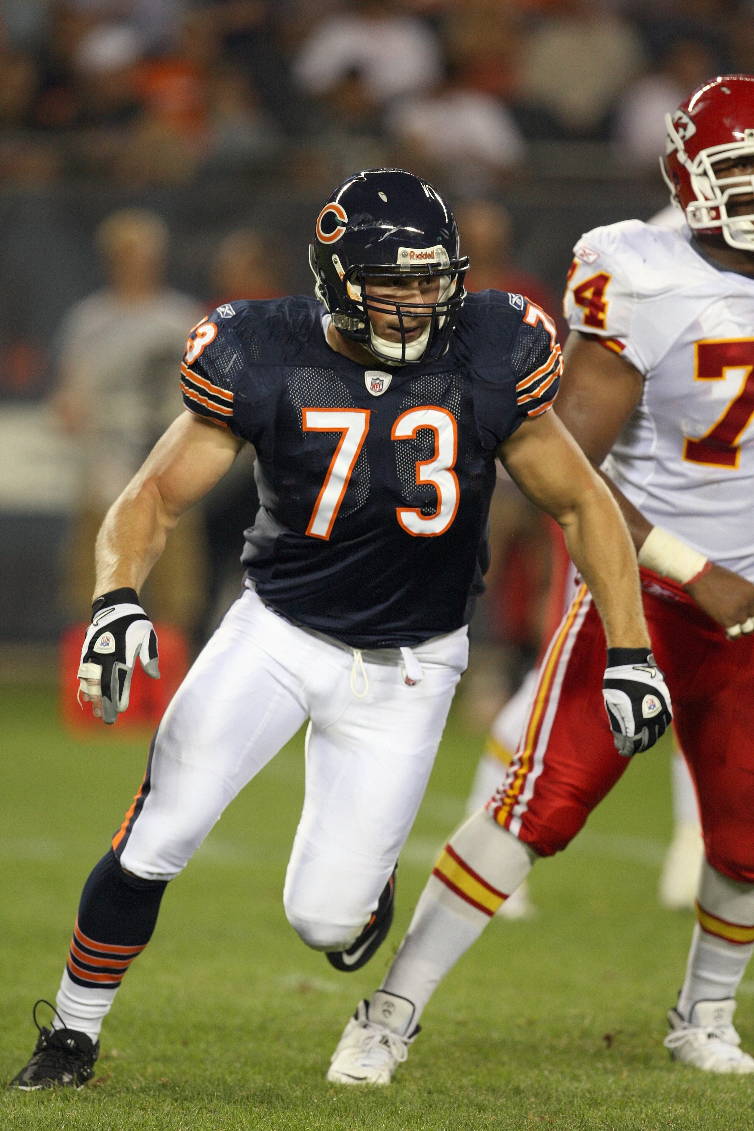 CHICAGO - AUGUST 7:  Dan Bazuin #73 of the Chicago Bears pursues the play against the Kansas City Chiefs during a preseason game on August 7, 2008 at Soldier Field in Chicago, Illinois. (Photo by Jonathan Daniel/Getty Images)