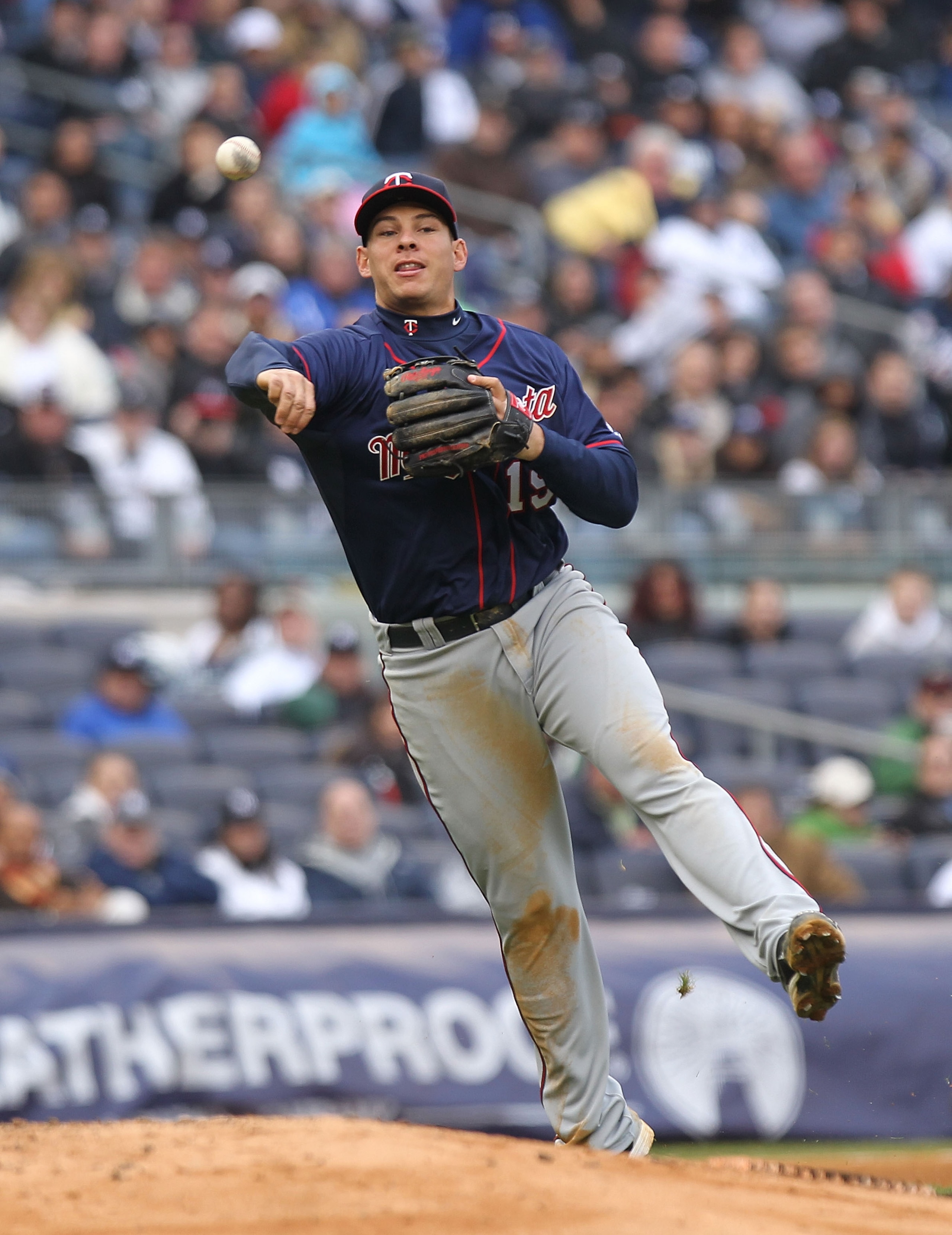 NEW YORK, NY - APRIL 07:  Danny Valencia #19 of the Minnesota Twins against the New York Yankees at Yankee Stadium on April 7, 2011 in the Bronx borough of New York City.  (Photo by Nick Laham/Getty Images)