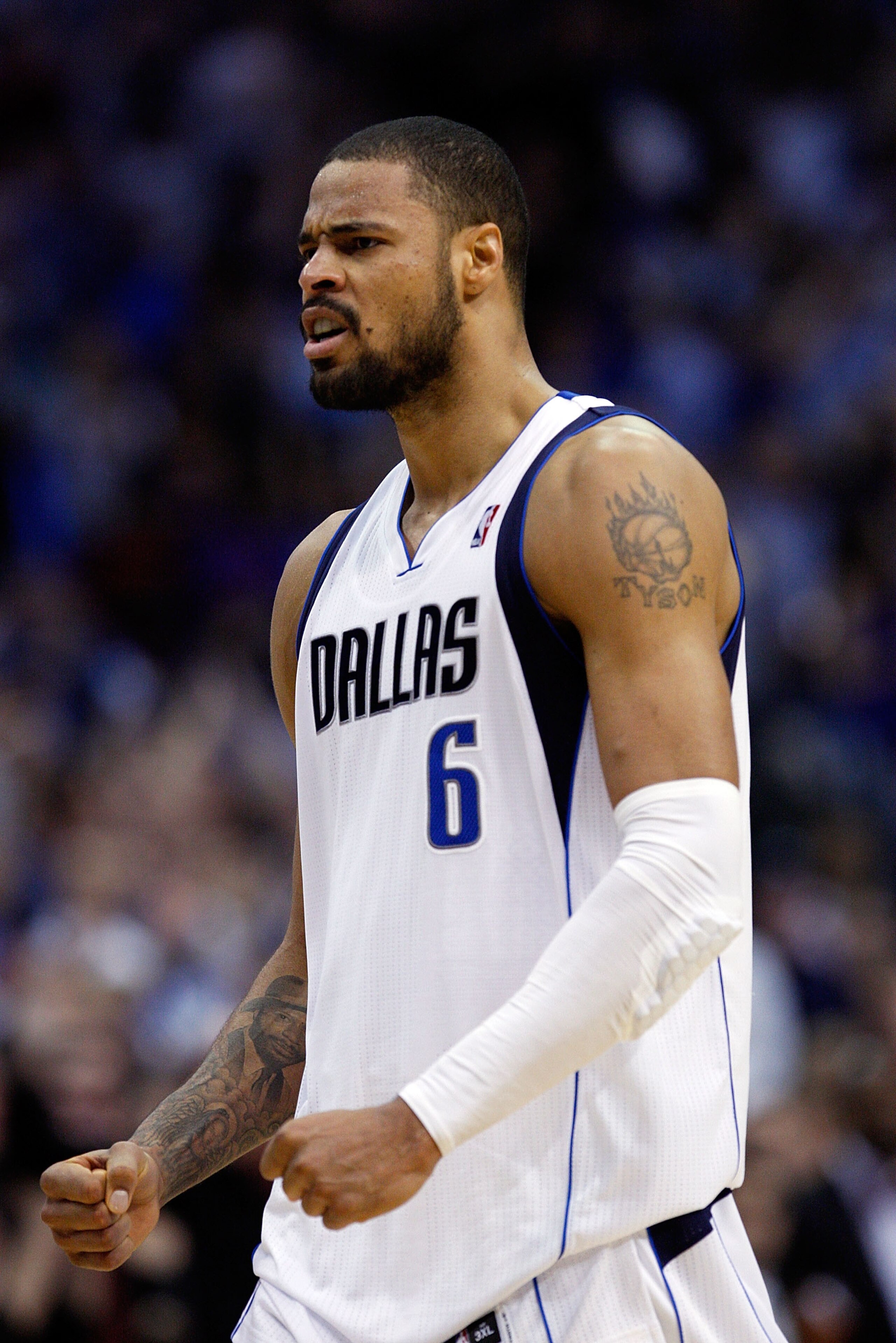 DALLAS, TX - APRIL 16: Tyson Chandler #6 of the Dallas Mavericks reacts against the Portland Trail Blazers in Game One of the Western Conference Quarterfinals during the 2011 NBA Playoffs on April 16, 2011 at American Airlines Center in Dallas, Texas. N DALLAS, TX - APRIL 16: Tyson Chandler #6 of the Dallas Mavericks reacts against the Portland Trail Blazers in Game One of the Western Conference Quarterfinals during the 2011 NBA Playoffs on April 16, 2011 at American Airlines Center in Dallas, Texas. N