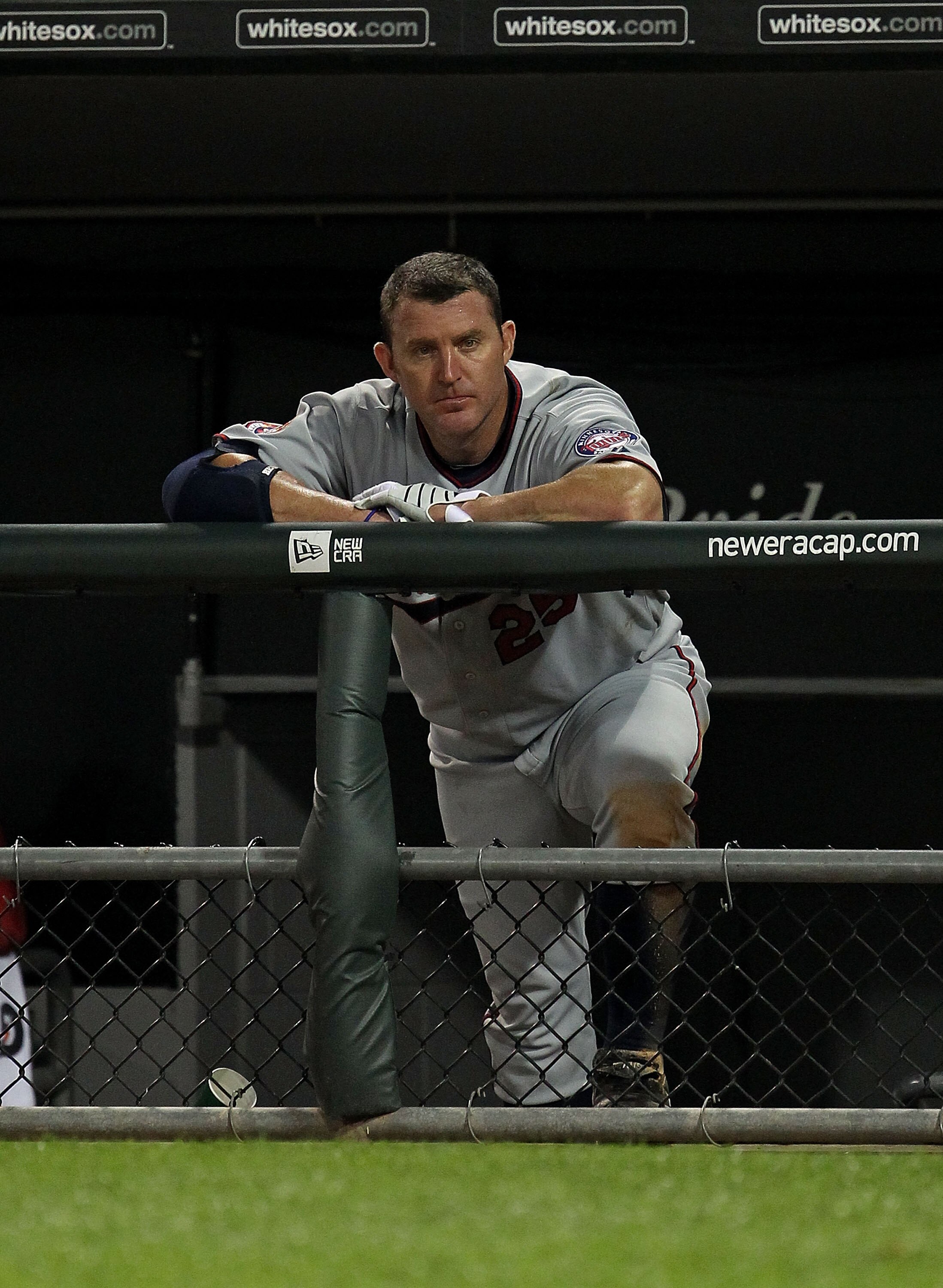 CHICAGO - AUGUST 10: Jim Thome #25 of the Minnesota Twins watches from the dugout as his teammates take on the Chicago White Sox at U.S. Cellular Field on August 10, 2010 in Chicago, Illinois. The Twins defeated the White Sox 12-6. (Photo by Jonathan Dani