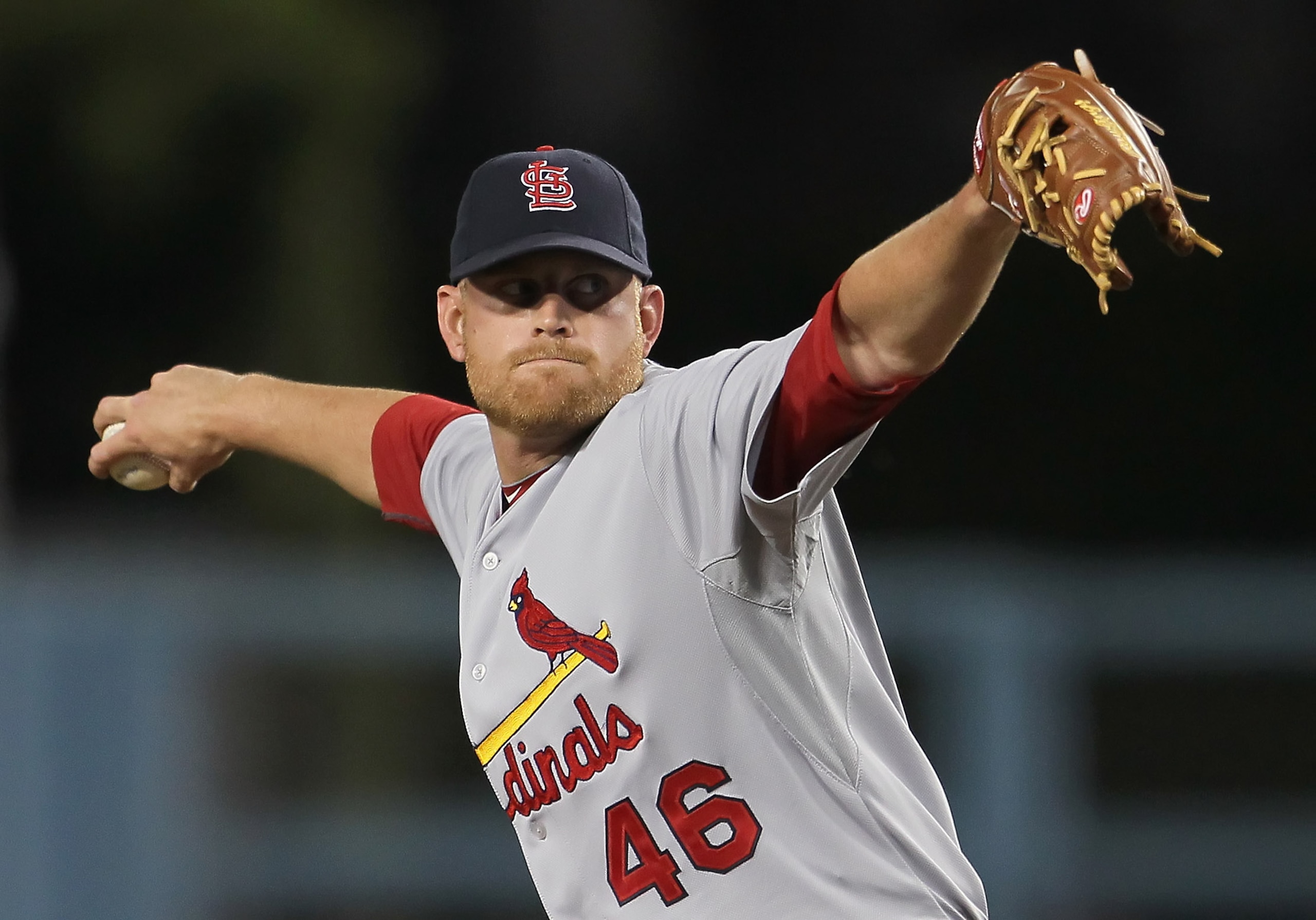 LOS ANGELES, CA - APRIL 16:  Kyle McClellan #46 of the St Louis Cardinals pitches against the Los Angeles Dodgers in the second inning at Dodger Stadium on April 16, 2011 in Los Angeles, California.  (Photo by Jeff Gross/Getty Images)