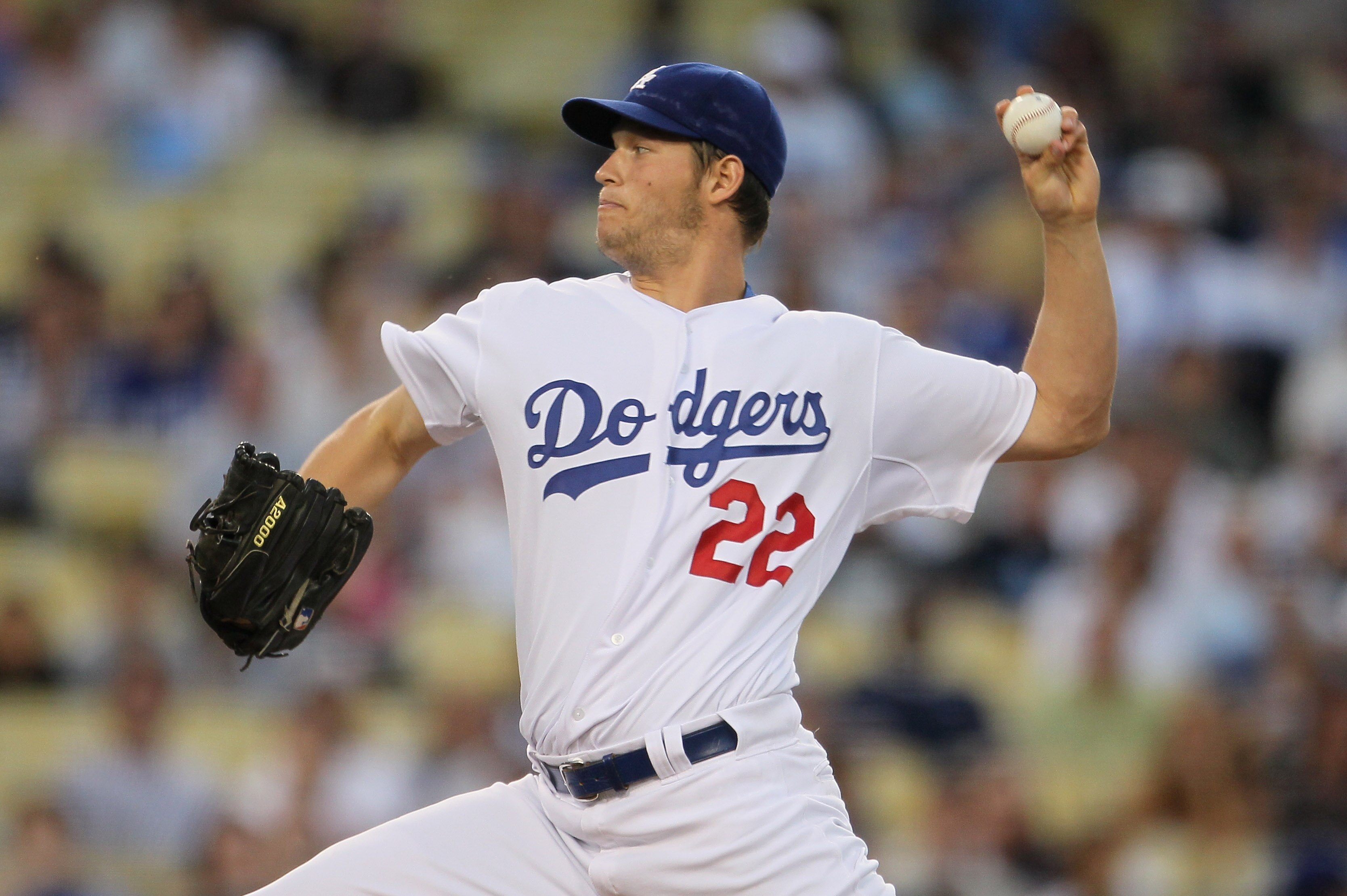 LOS ANGELES, CA - APRIL 16:  Clayton Kershaw #22 of the Los Angeles Dodgers pitches against the St Louis Cardinals in the first inning at Dodger Stadium on April 16, 2011 in Los Angeles, California.  (Photo by Jeff Gross/Getty Images)