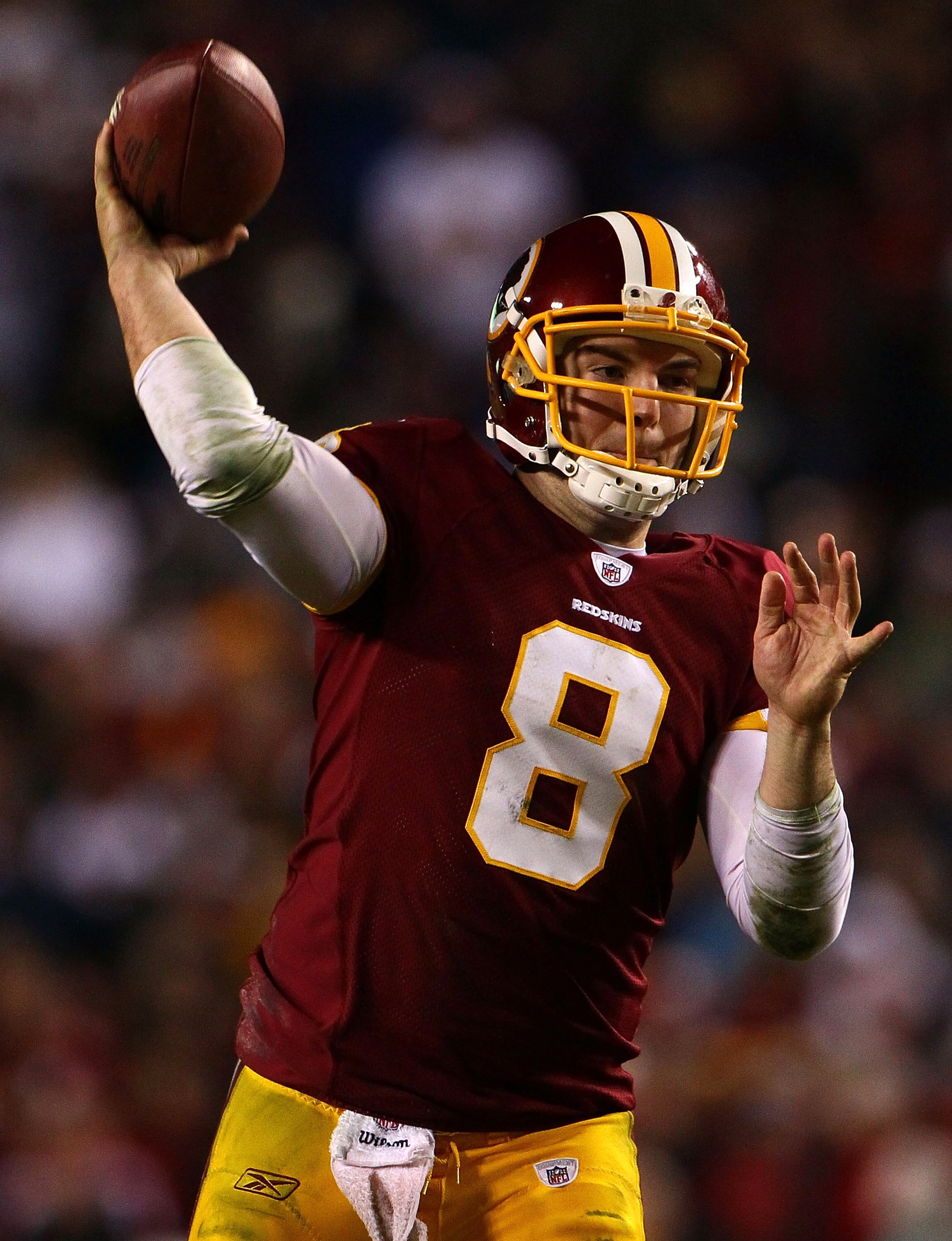 LANDOVER, MD - JANUARY 02:  Quarterback Rex Grossman #8 of the Washington Redskins throws a pass in the fourth quarter of a game against the New York Giants at FedEx Field on January 2, 2011 in Landover, Maryland. The Giants won the game 17-14.  (Photo by