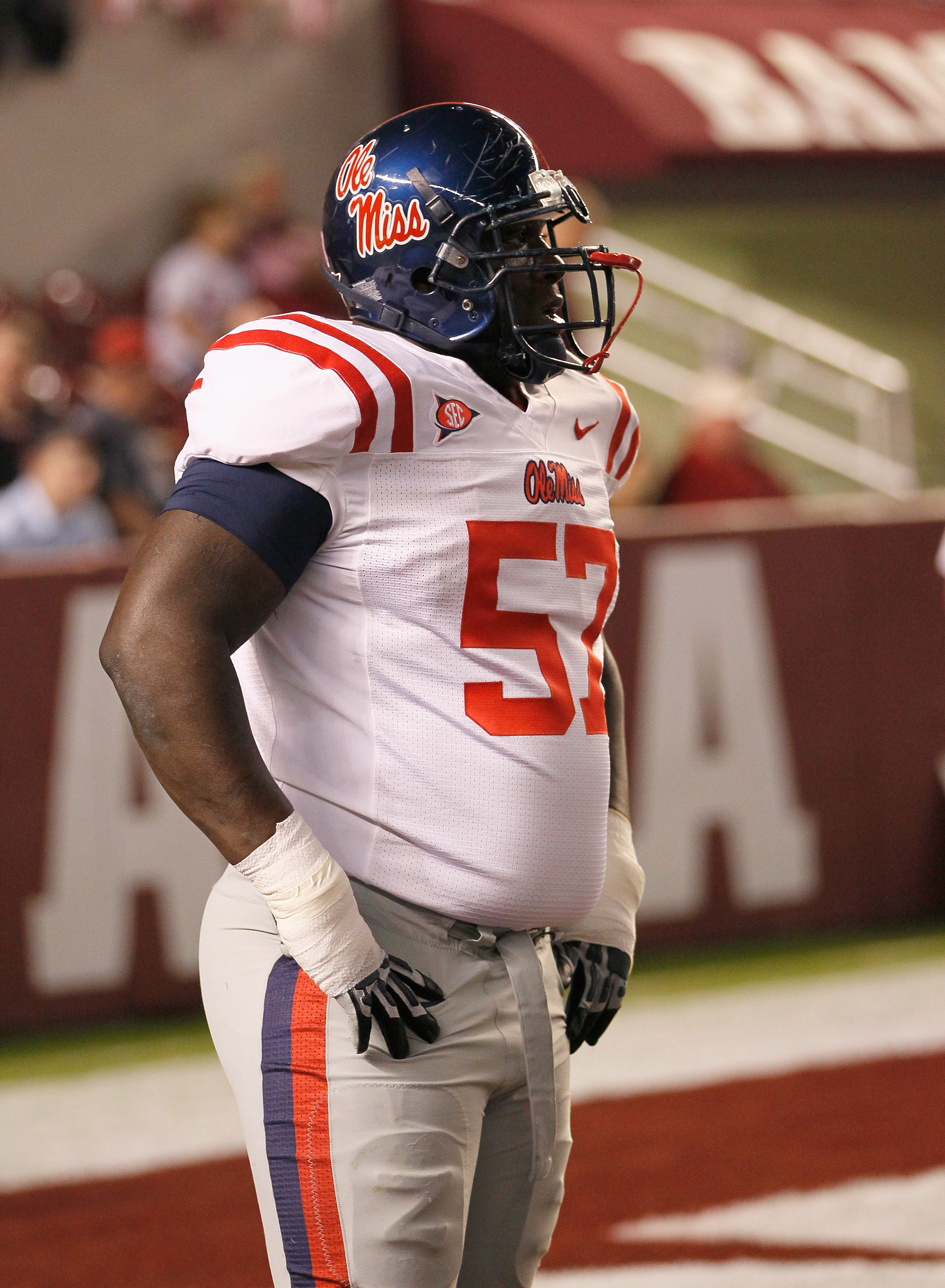 TUSCALOOSA, AL - OCTOBER 16:  Jerrell Powe #57 of the Ole Miss Rebels against the Alabama Crimson Tide at Bryant-Denny Stadium on October 16, 2010 in Tuscaloosa, Alabama.  (Photo by Kevin C. Cox/Getty Images)