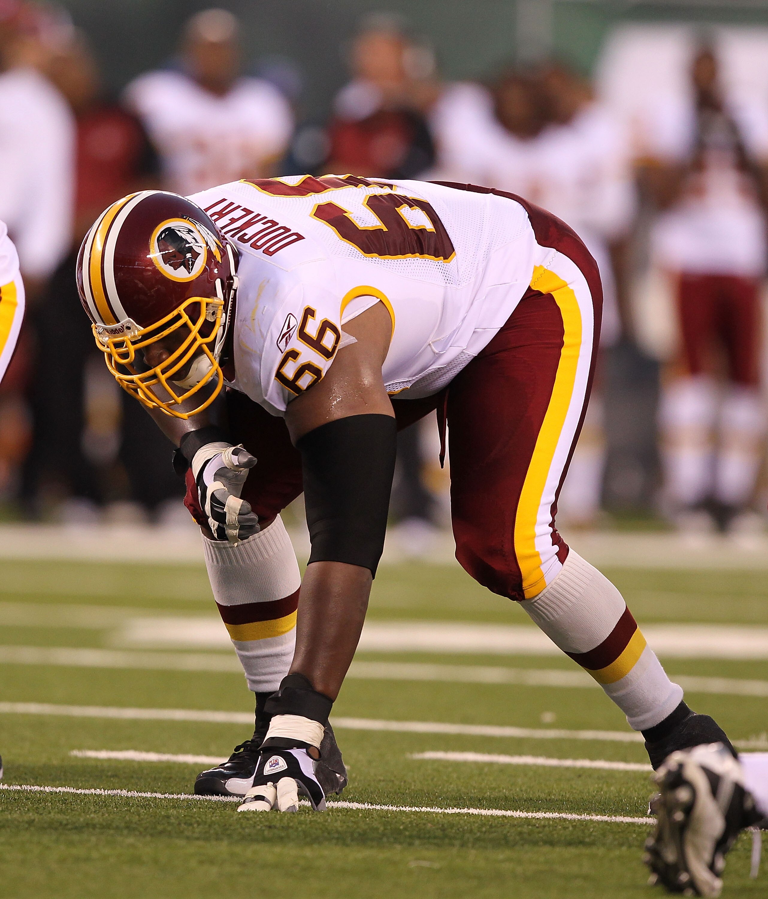 EAST RUTHERFORD, NJ - AUGUST Derrick Dockery #66 of the Washington Redskins  in action against the New York Jets during their preseason game on August 27, 2010 at the New Meadowlands Stadium  in East Rutherford, New Jersey.  (Photo by Al Bello/Getty Image