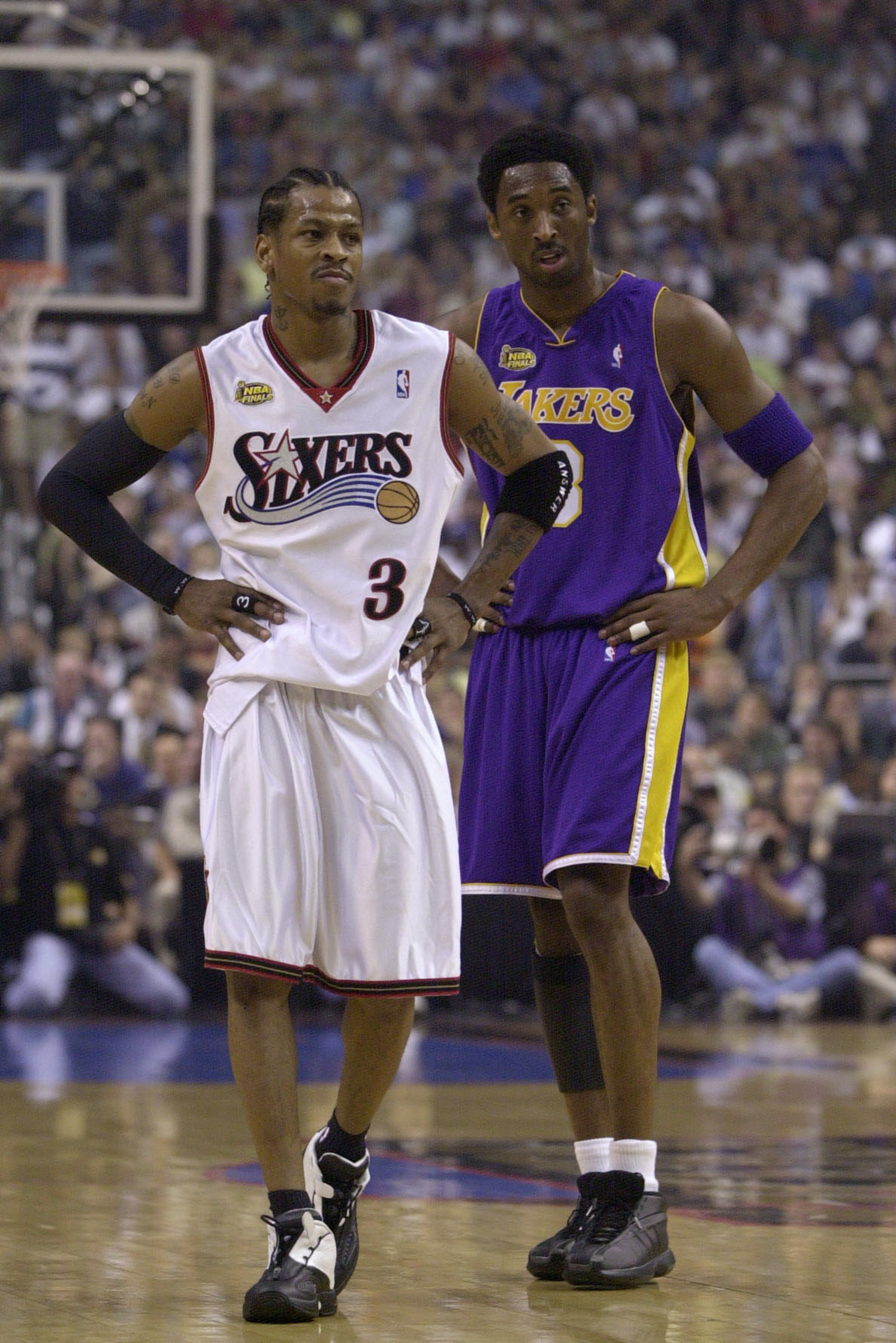 10 Jun 2001: Allen Iverson #3 of the Philadelphia 76ers stands with Kobe Bryant #8 of the Los Angeles Lakers during game 3 of the NBA Finals at the First Union Center in Philadelphia, Pennsylvania. DIGITAL IMAGE Mandatory Credit: Ezra Shaw/ALLSPORT. NOT 10 Jun 2001: Allen Iverson #3 of the Philadelphia 76ers stands with Kobe Bryant #8 of the Los Angeles Lakers during game 3 of the NBA Finals at the First Union Center in Philadelphia, Pennsylvania. DIGITAL IMAGE Mandatory Credit: Ezra Shaw/ALLSPORT. NOT