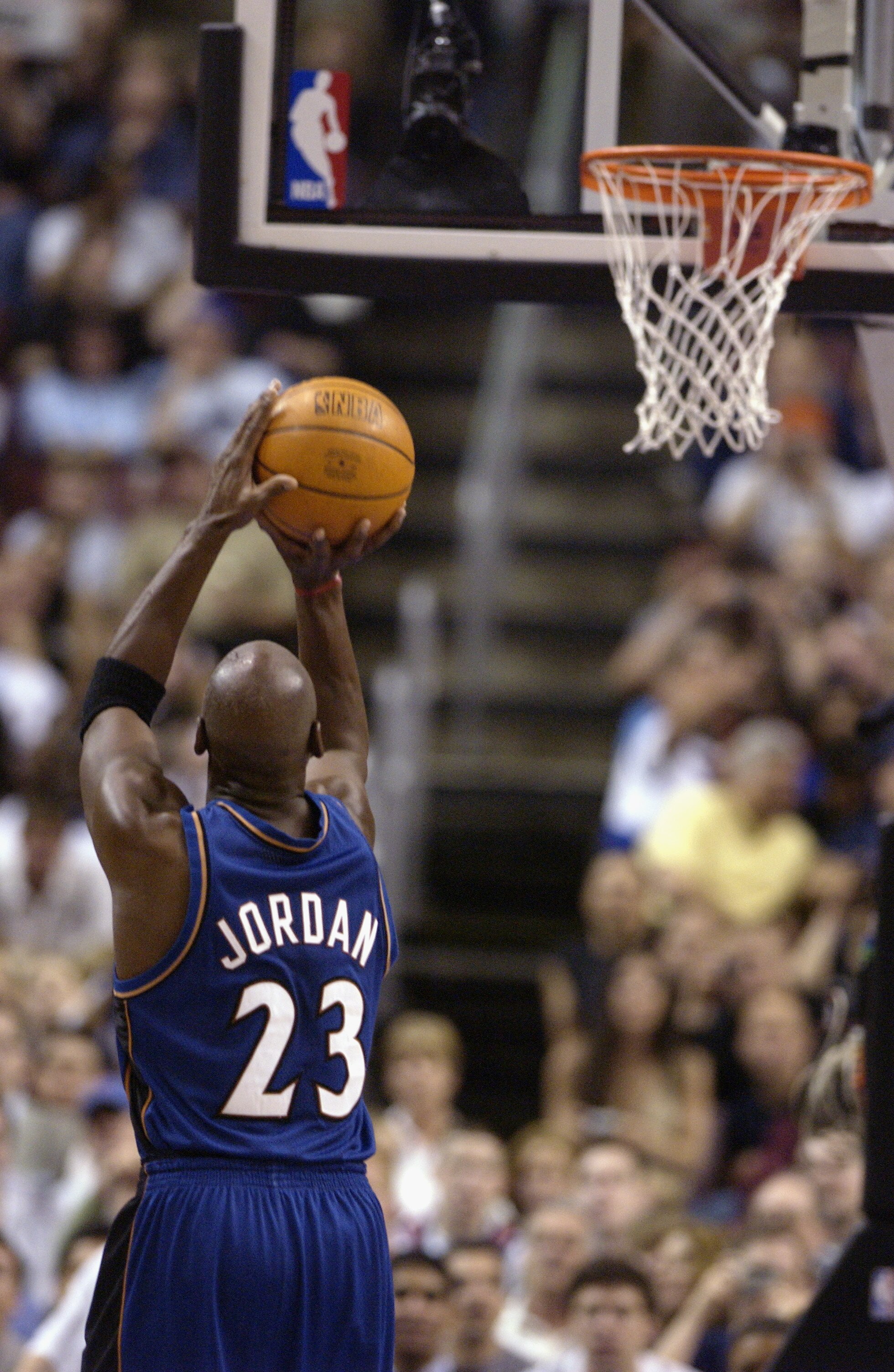 PHILADELPHIA - APRIL 16:  Michael Jordan #23 of the Washington Wizards shoots a free throw during the final NBA game of his career, played against the Philadelphia 76ers at First Union Center on March 30, 2003 in Philadelphia, Pennsylvania.  The Sixers wo