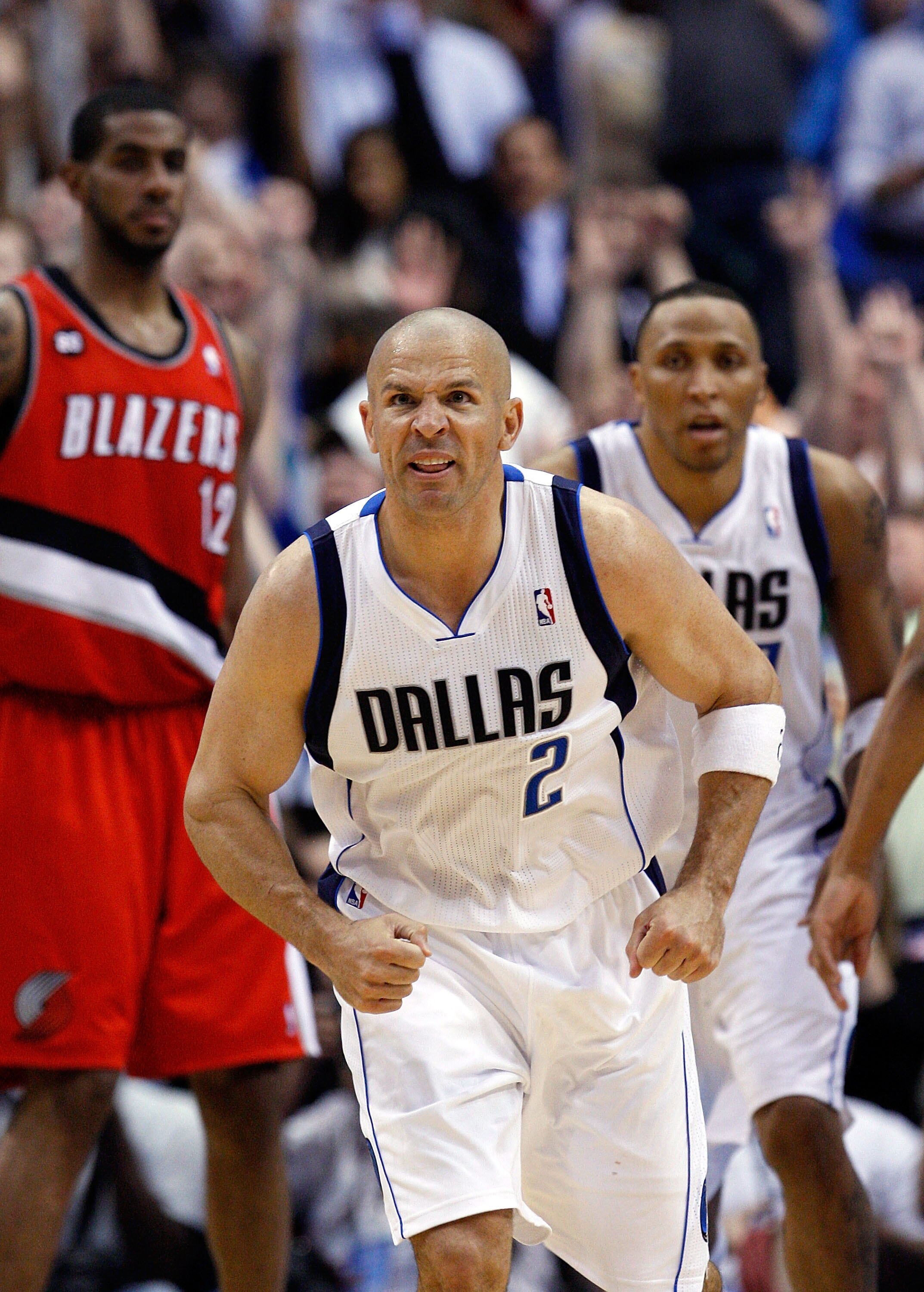 DALLAS, TX - APRIL 16:  Guard Jason Kidd #2 of the Dallas Mavericks reacts after a three point shot against the Portland Trail Blazers in Game One of the Western Conference Quarterfinals during the 2011 NBA Playoffs on April 16, 2011 at American Airlines 
