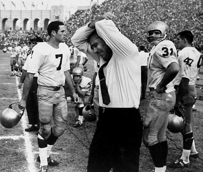 Notre Dame head coach Ara Parseghian reacts to the upset loss