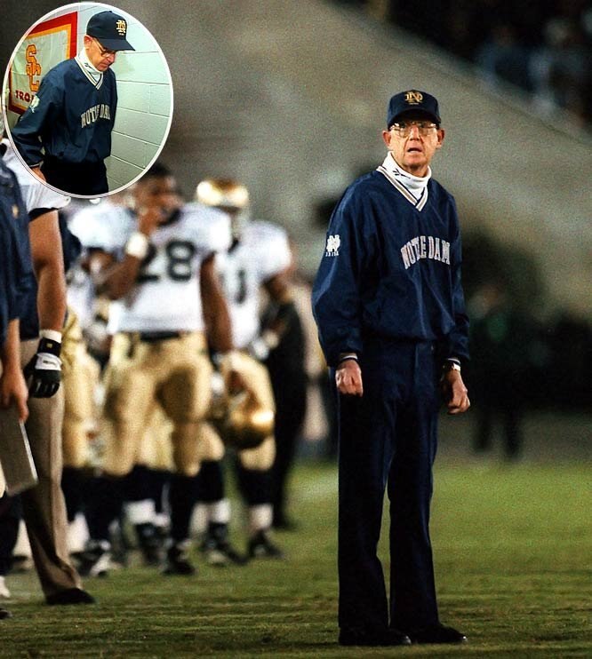 Notre Dame head coach Lou Holtz reacts to his first loss to USC