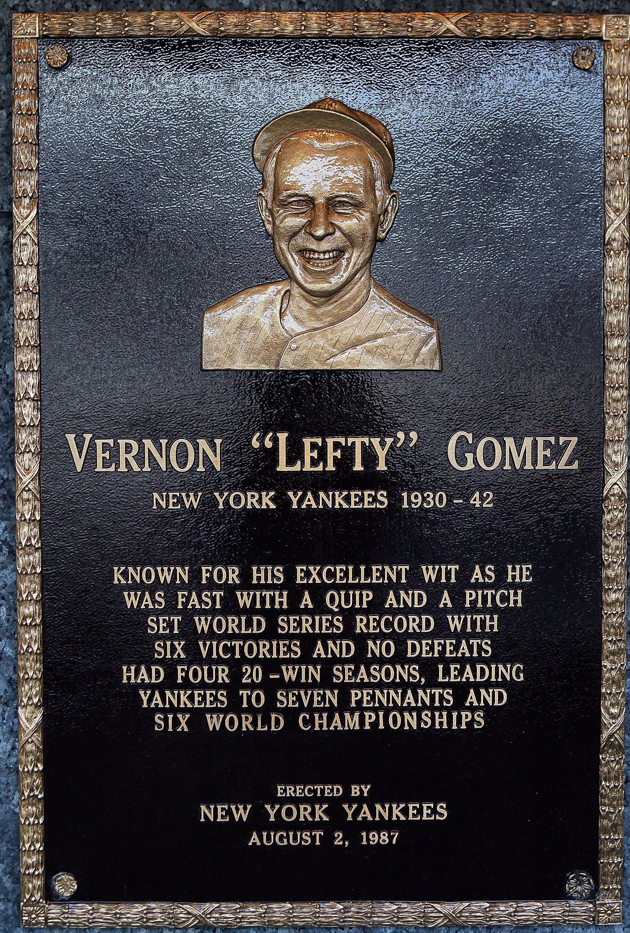 NEW YORK - MAY 02:  The plaque of Lefty Gomez is seen in Monument Park at Yankee Stadium prior to the game between the New York Yankees and the Chicago White Sox on May 2, 2010 in the Bronx borough of New York City. The Yankees defeated the White Sox 12-3