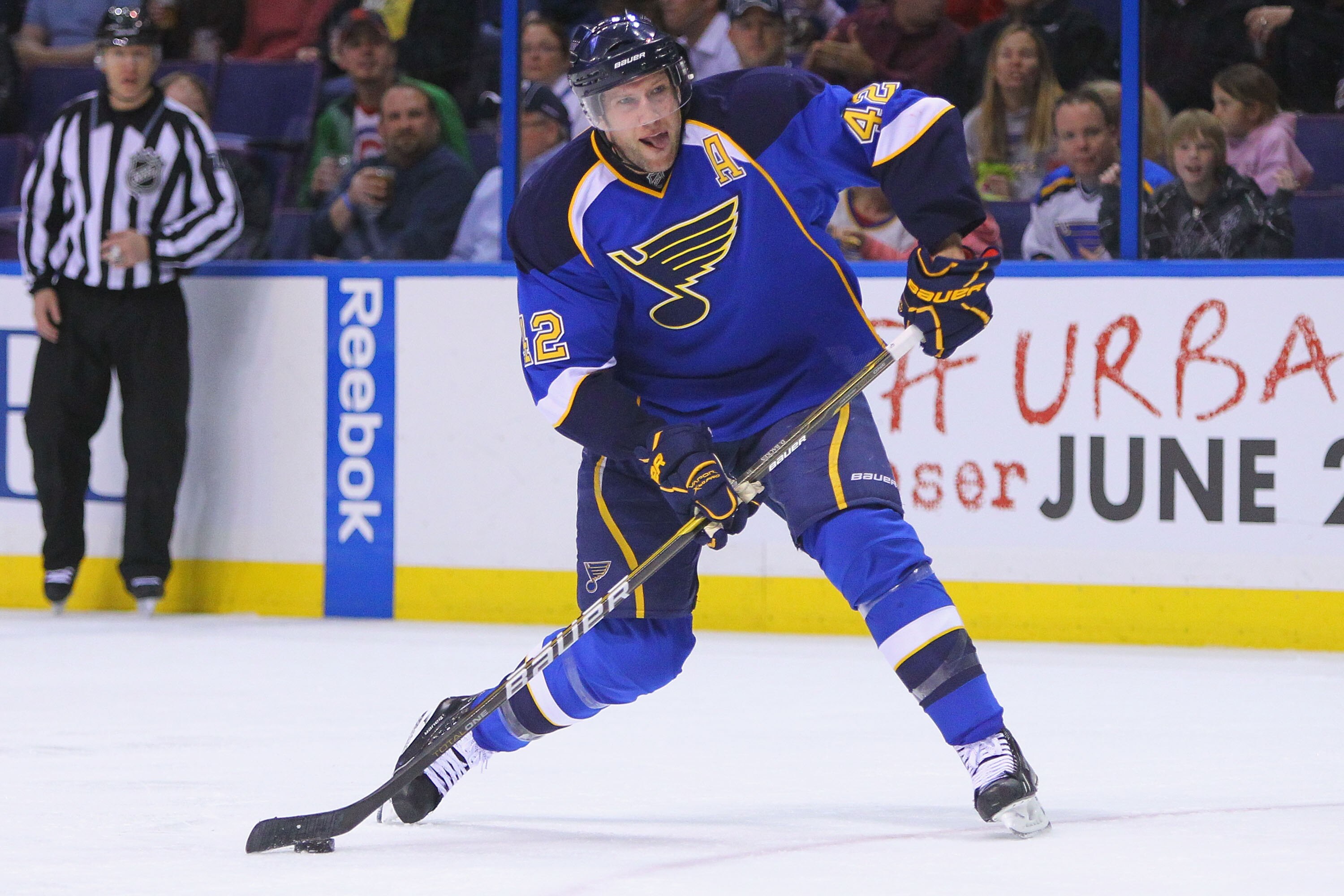 ST. LOUIS, MO - APRIL 5: David Backes #42 of the St. Louis Blues takes a shot on goal against the Colorado Avalanche at the Scottrade Center on April 5, 2011 in St. Louis, Missouri.  (Photo by Dilip Vishwanat/Getty Images)
