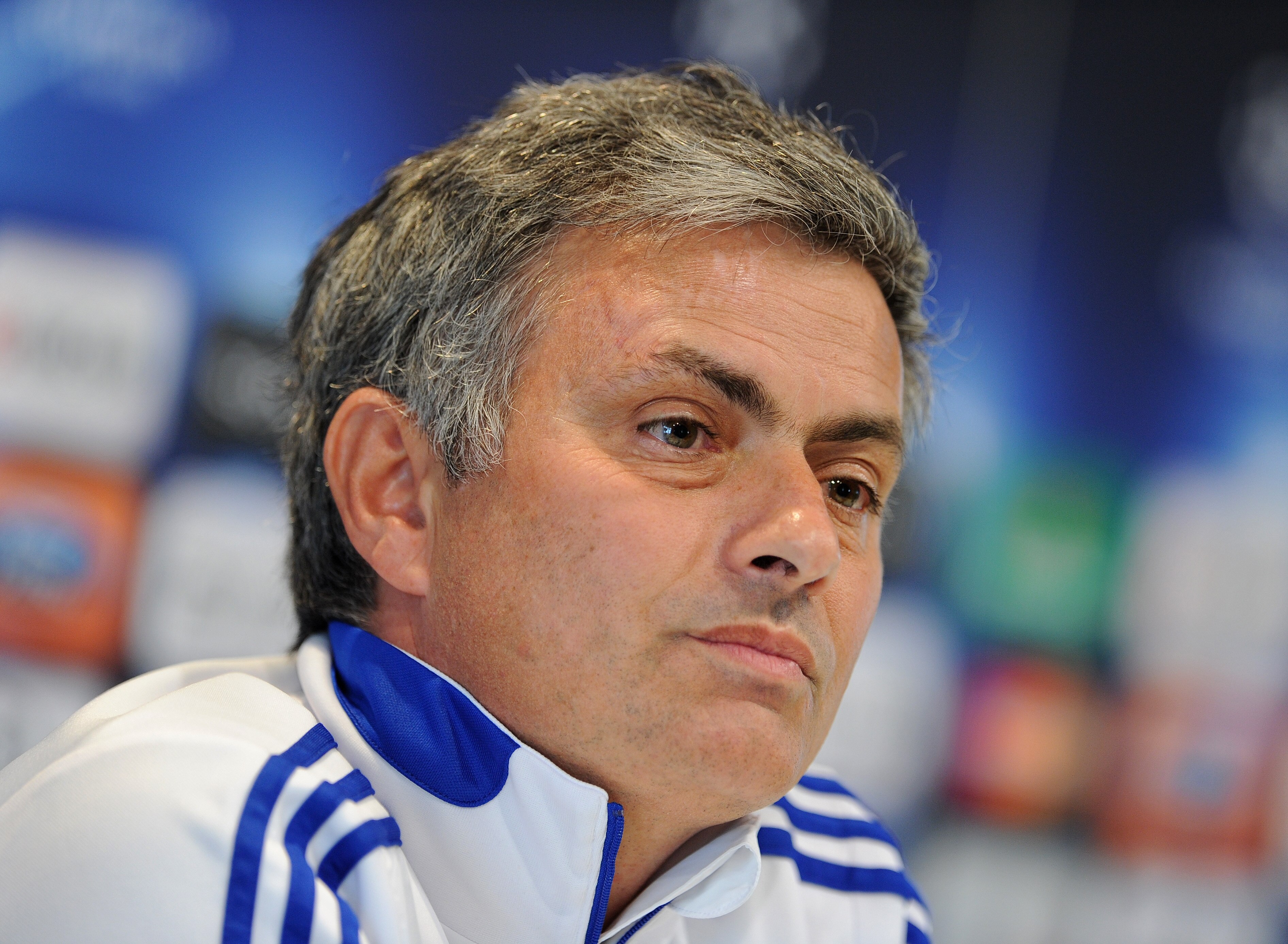 MADRID, SPAIN - MARCH 15:  Head coach Jose Mourinho of Real Madrid listens to questions from the media during a press conference ahead of their UEFA Champions League round of 16 second leg match against Lyon on March 15, 2011 in Madrid, Spain.  (Photo by