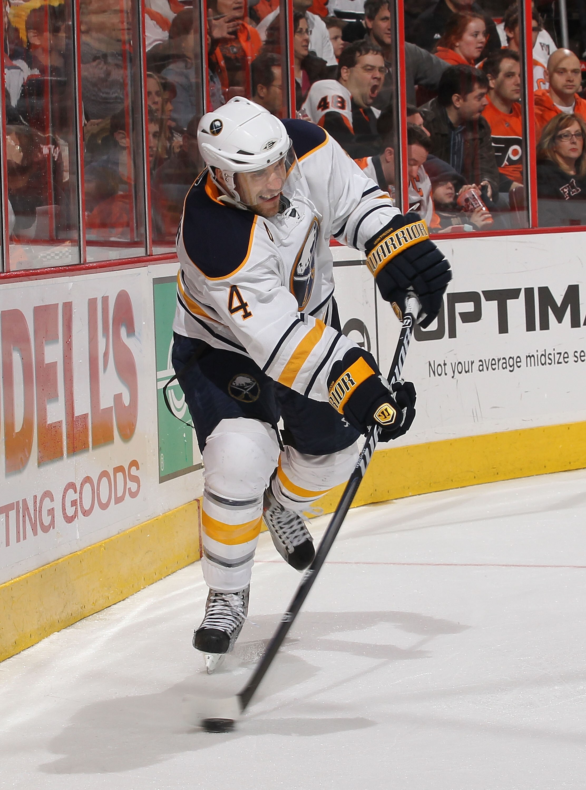 PHILADELPHIA - MARCH 05:  Steve Montador #4 of the Buffalo Sabres in action against The Philadelphia Flyers during their game on March 5, 2011 at The Wells Fargo Center in Philadelphia, Pennsylvania.  (Photo by Al Bello/Getty Images)