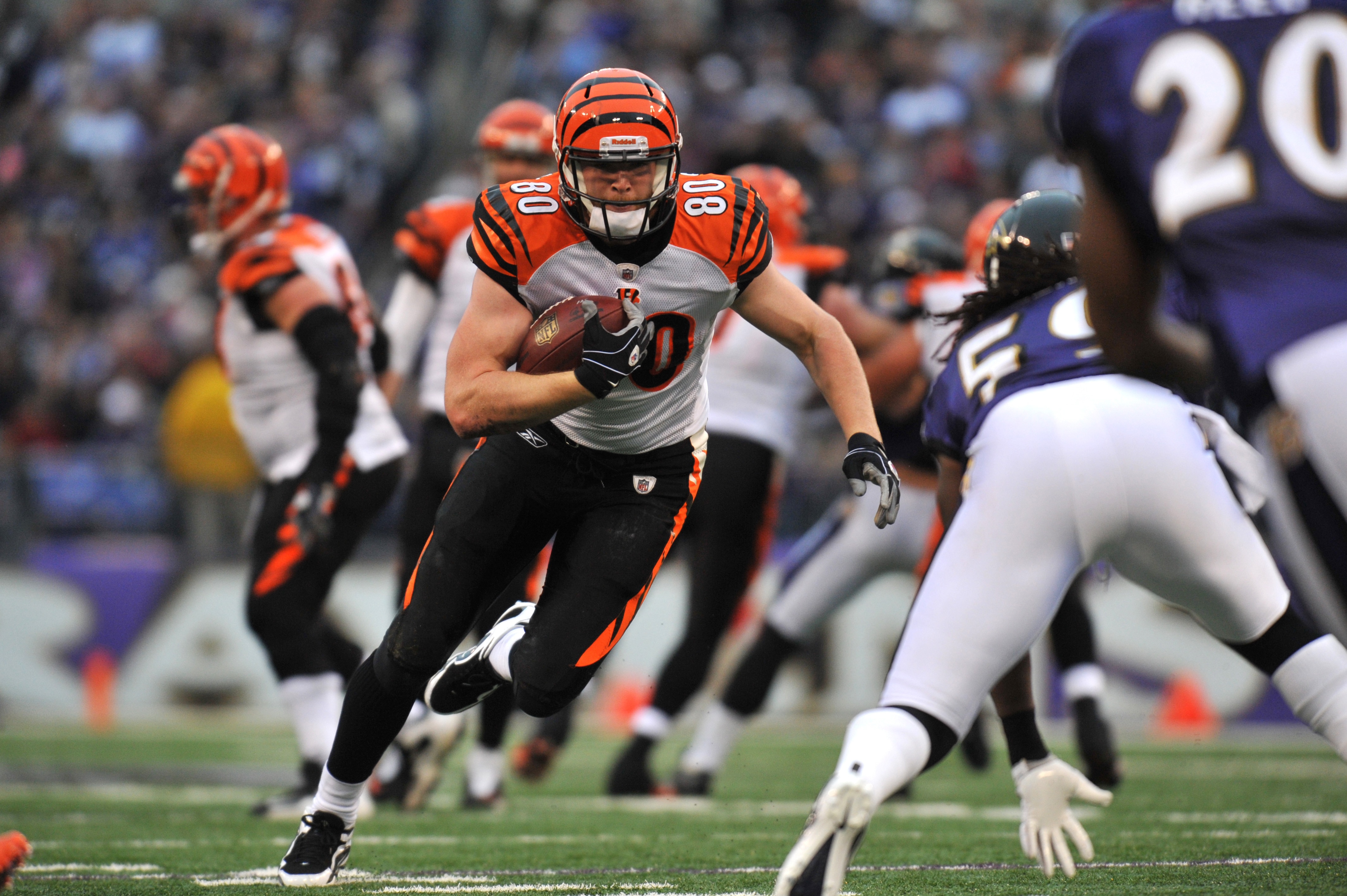 BALTIMORE, MD - JANUARY 2:  Chase Coffman #80 of the Cincinnati Bengals runs the ball against the Baltimore Ravens at M&T Bank Stadium on January 2, 2011 in Baltimore, Maryland. The Ravens defeated the Bengals 13-6. (Photo by Larry French/Getty Images)