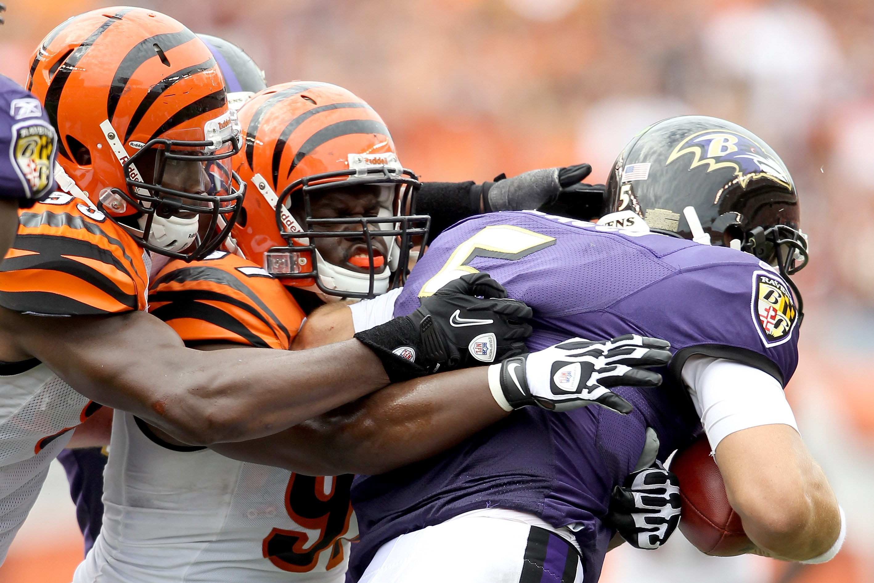 CINCINNATI - SEPTEMBER 19: Michael Johnson #93 and Geno Atkins #97 of the Cincinatti Bengals sack quarterback Joe Flacco #5 of the Baltimore Ravens at Paul Brown Stadium on September 19, 2010 in Cincinnati, Ohio.  (Photo by Matthew Stockman/Getty Images)