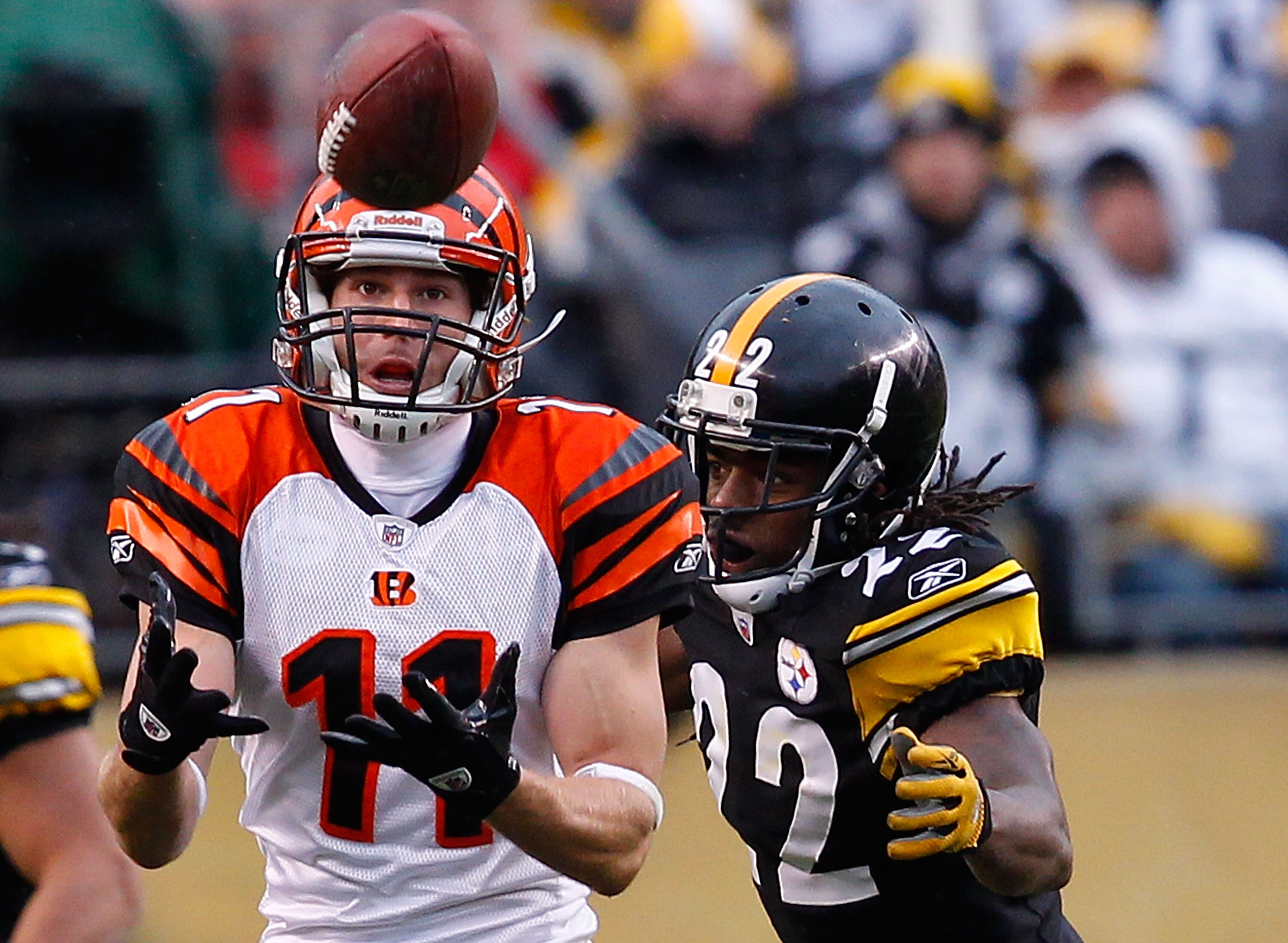 PITTSBURGH - DECEMBER 12: Jordan Shipley #11 of the Cincinnati Bengals catches a pass in front of William Gay #22 of the Pittsburgh Steelers during the game on December 12, 2010 at Heinz Field in Pittsburgh, Pennsylvania.  (Photo by Jared Wickerham/Getty