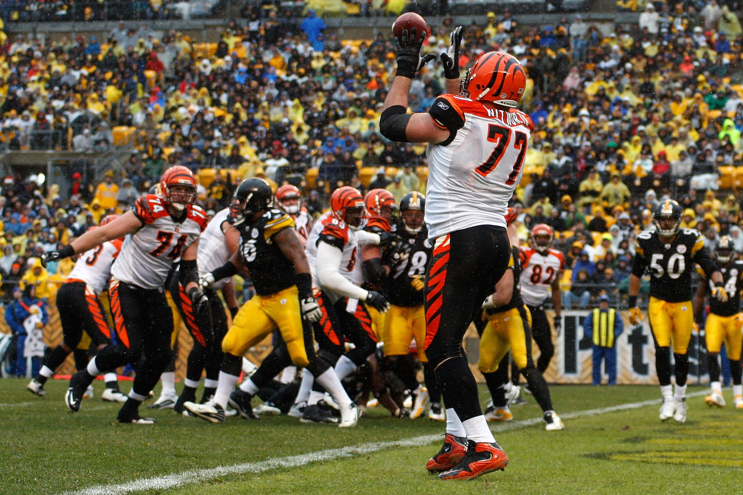 PITTSBURGH - DECEMBER 12: Andrew Whitworth #77 of the Cincinnati Bengals catches a touchdown pass against the Pittsburgh Steelers during the game on December 12, 2010 at Heinz Field in Pittsburgh, Pennsylvania. (Photo by Jared Wickerham/Getty Images) PITTSBURGH - DECEMBER 12: Andrew Whitworth #77 of the Cincinnati Bengals catches a touchdown pass against the Pittsburgh Steelers during the game on December 12, 2010 at Heinz Field in Pittsburgh, Pennsylvania. (Photo by Jared Wickerham/Getty Images)