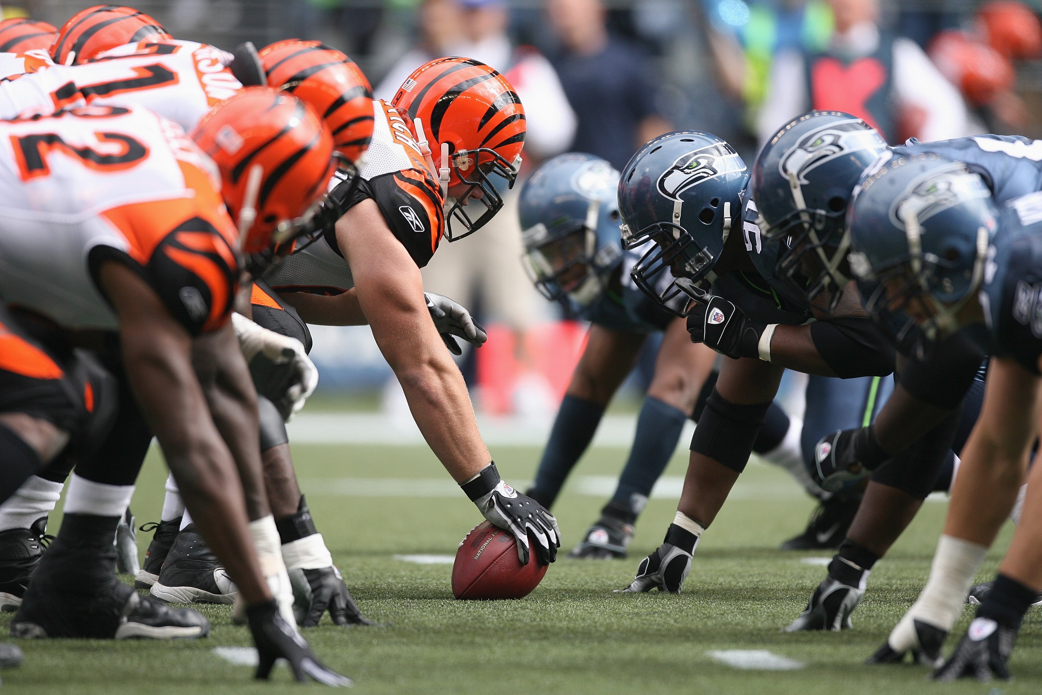 SEATTLE - SEPTEMBER 23:  Center Eric Ghiaciuc #53 of the Cincinnati Bengals prepares to snap the ball against the Seattle Seahawks at Qwest Field on September 23, 2007 in Seattle, Washington. The Seahawks won 24-21. (Photo by Otto Greule Jr/Getty Images)