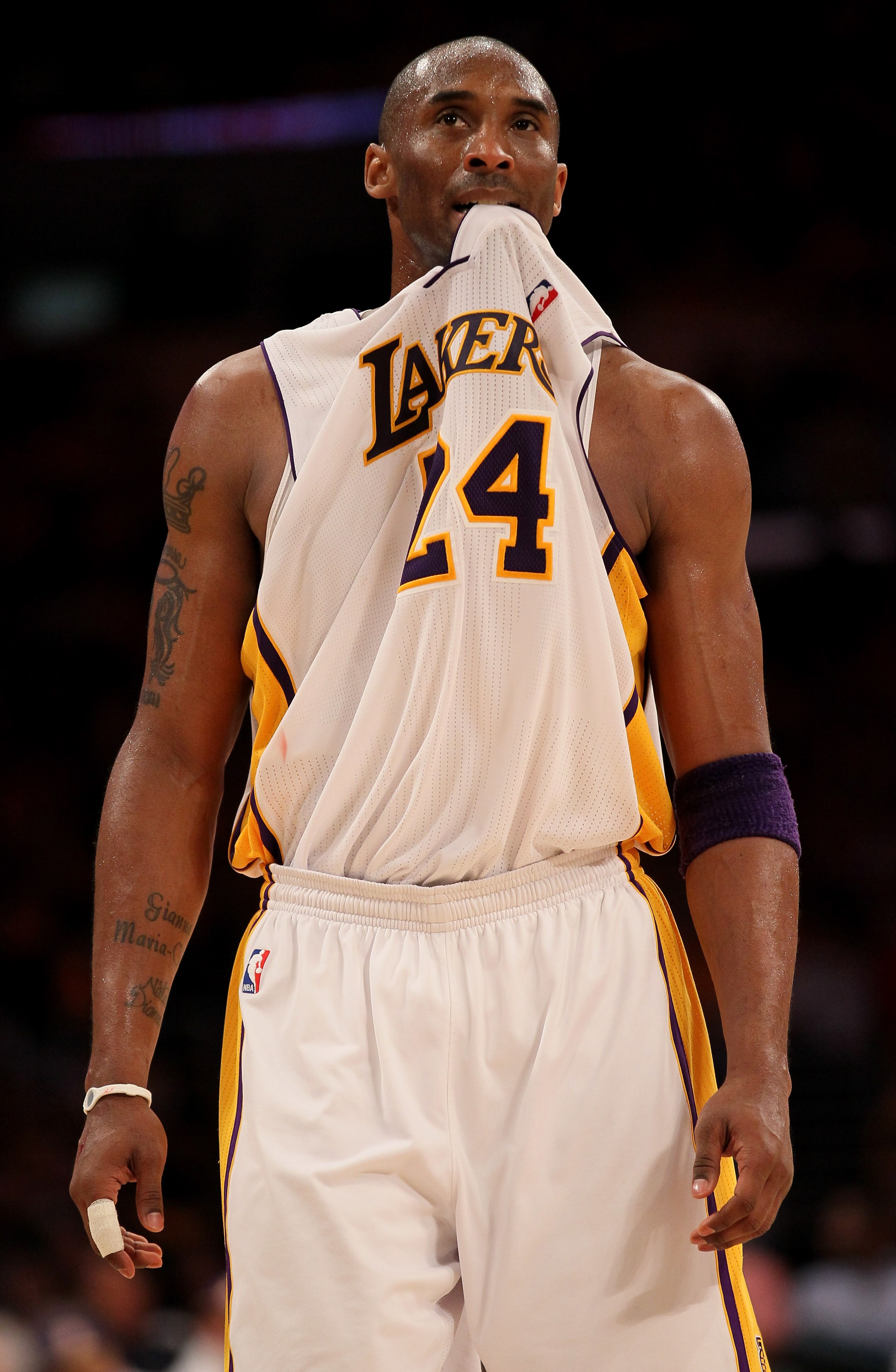 LOS ANGELES, CA - APRIL 17:  Kobe Bryant #24 of the Los Angeles Lakers stands on the court in the game against the New Orleans Hornets in Game One of the Western Conference Quarterfinals in the 2011 NBA Playoffs on April 17, 2011 at Staples Center in Los