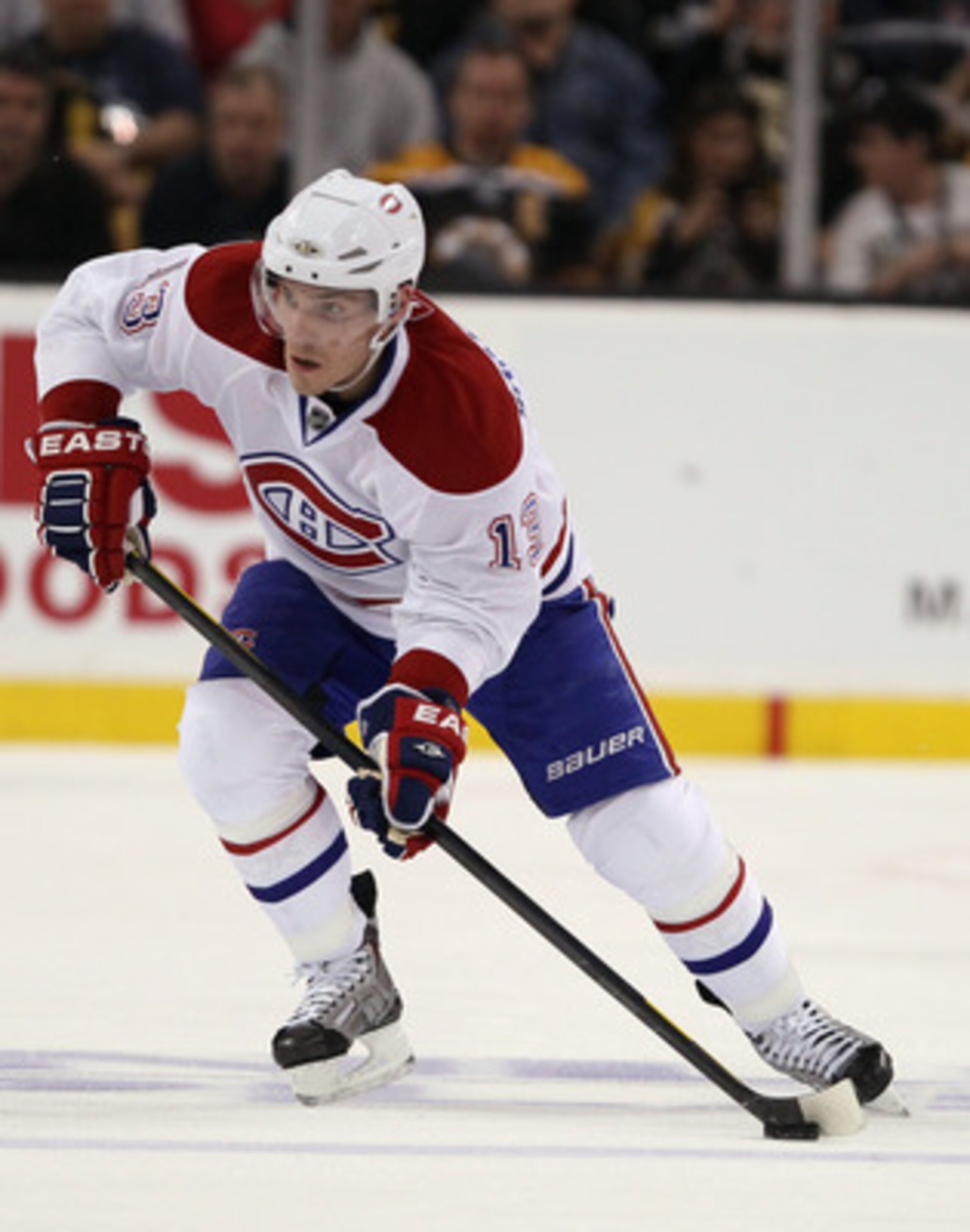 BOSTON, MA - APRIL 14:  Mike Cammalleri #13 of the Montreal Canadiens heads up the ice in the second period against the Boston Bruins in Game One of the Eastern Conference Quarterfinals during the 2011 NHL Stanley Cup Playoffs at TD Garden on April 14, 20