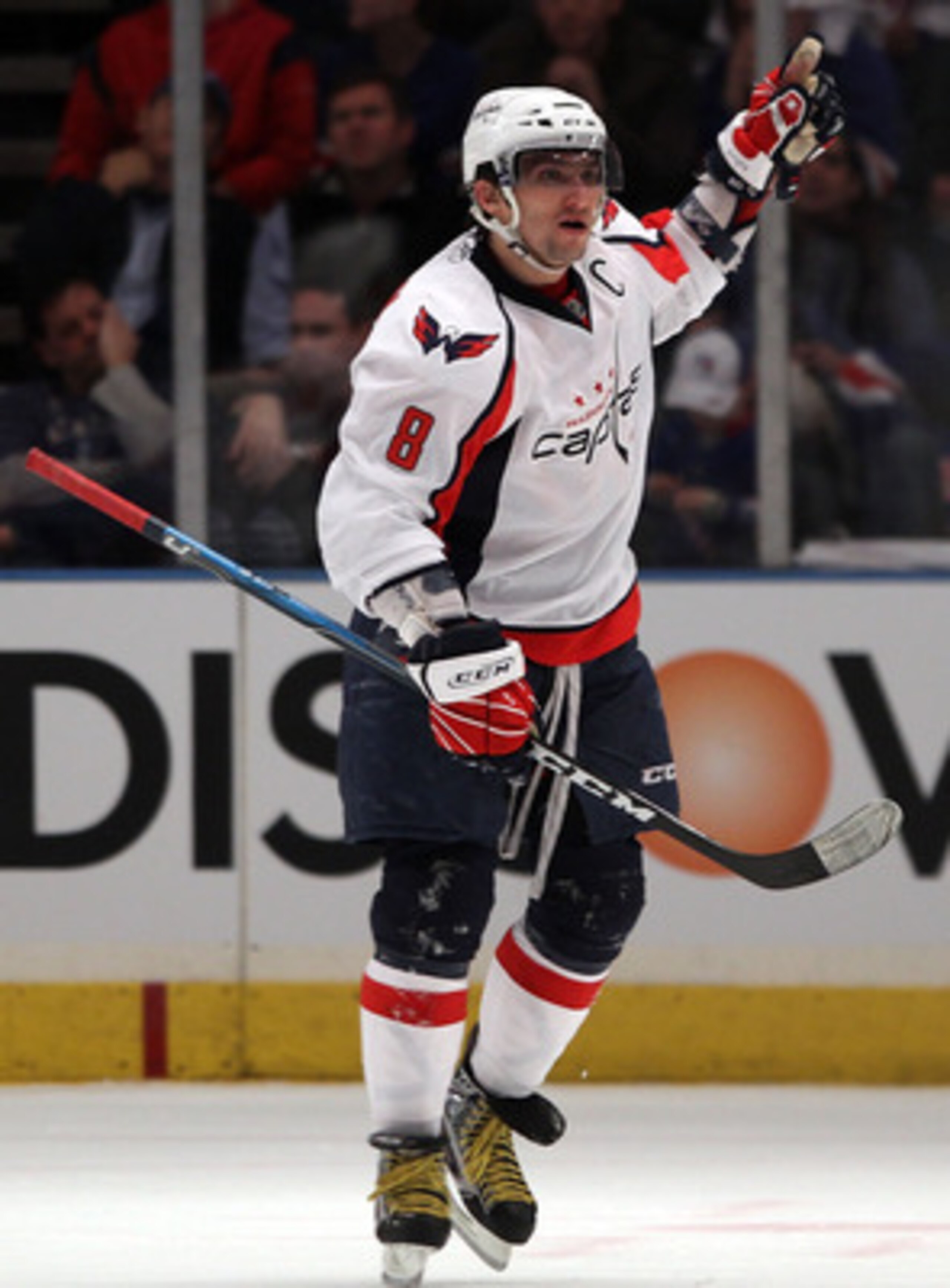 NEW YORK, NY - APRIL 17:  Alex Ovechkin #8 of the Washington Capitals celebrates after he scored a second period goal against the New York Rangers in Game Three of the Eastern Conference Quarterfinals during the 2011 NHL Stanley Cup Playoffs at Madison Sq