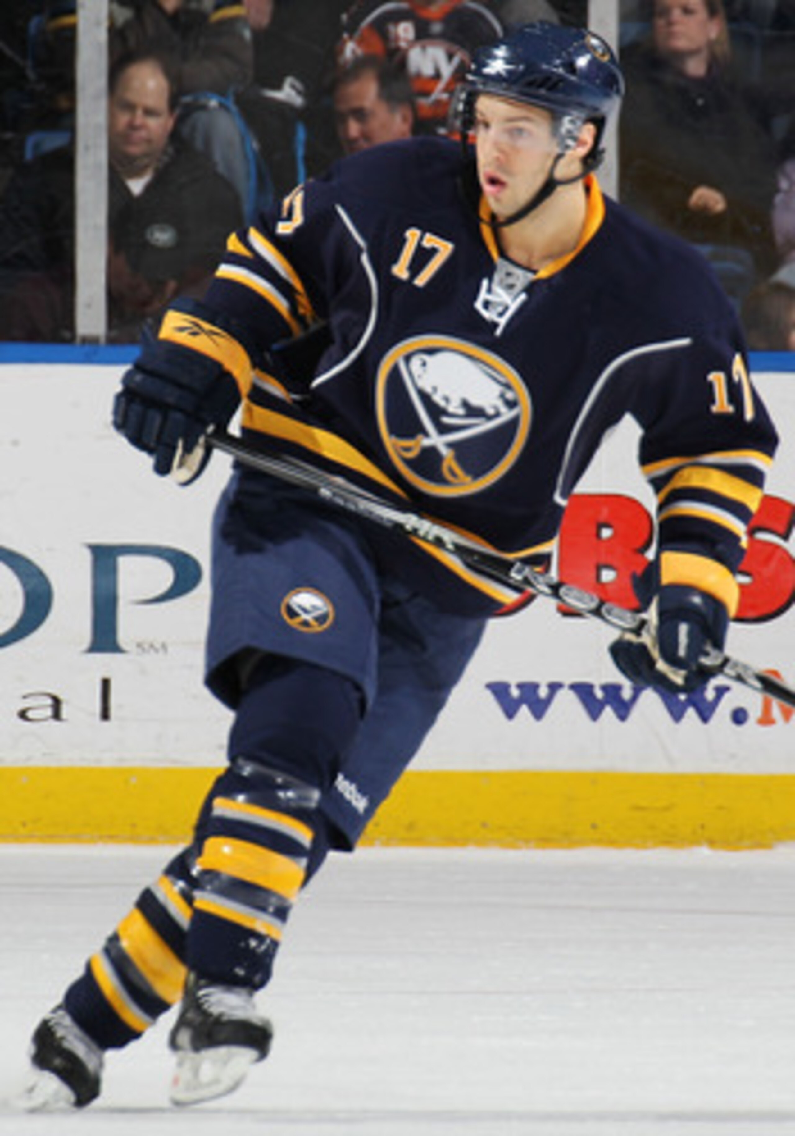 UNIONDALE, NY - JANUARY 23:  Marc-Andre Gragnani #17 of the Buffalo Sabres skates against the New York Islanders at the Nassau Coliseum on January 23, 2011 in Uniondale, New York. The Sabres won 5-3. (Photo by Bruce Bennett/Getty Images)