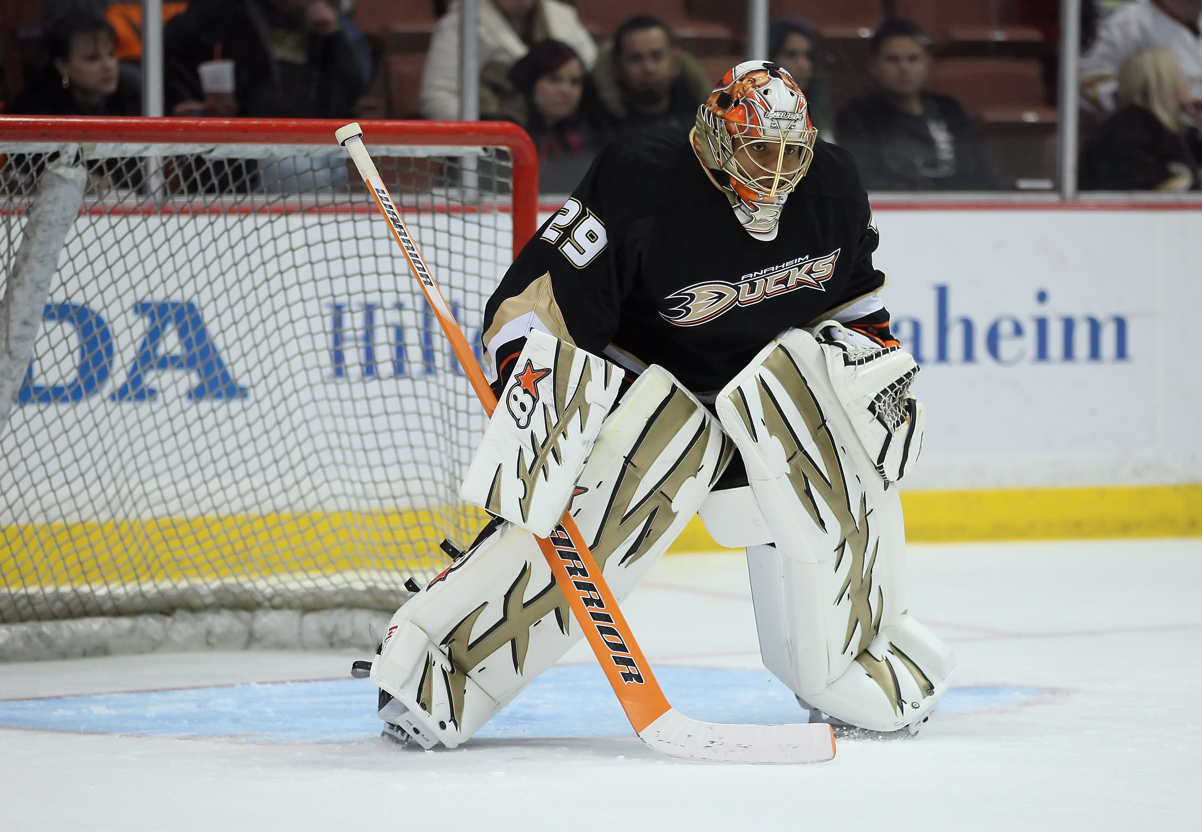 ANAHEIM, CA - FEBRUARY 27:  Goaltender Ray Emery #29 of the Anaheim Ducks defends his net prior to the start of the game against the Colorado Avalanche at Honda Center on February 27, 2011 in Anaheim, California.  (Photo by Jeff Gross/Getty Images)