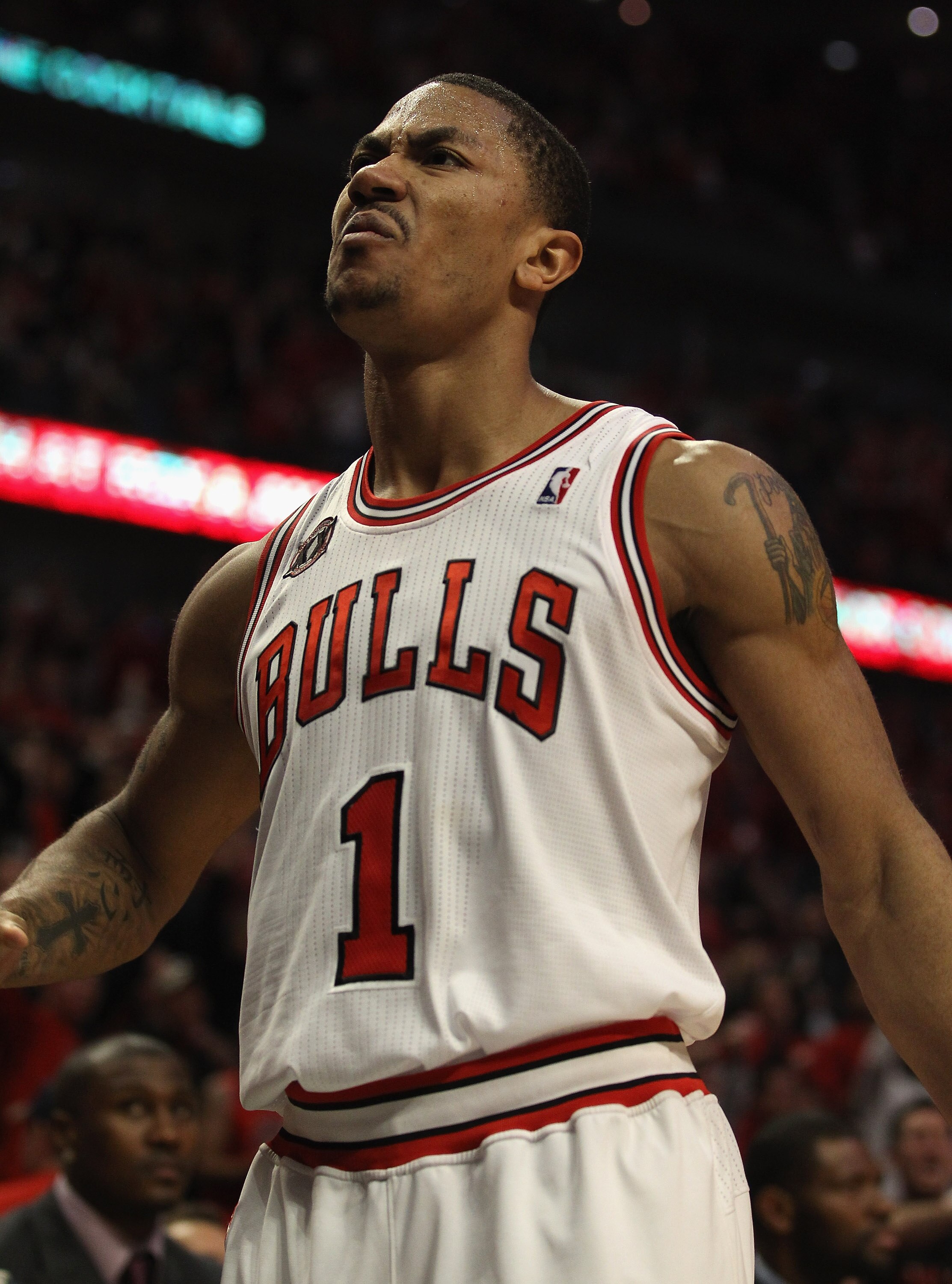 CHICAGO, IL - APRIL 16: Derrick Rose #1 of the Chicago Bullsreacts after hitting a shot against the Indiana Pacers in Game One of the Eastern Conference Quarterfinals in the 2011 NBA Playoffs at the United Center on April 16, 2011 in Chicago, Illinois. Th