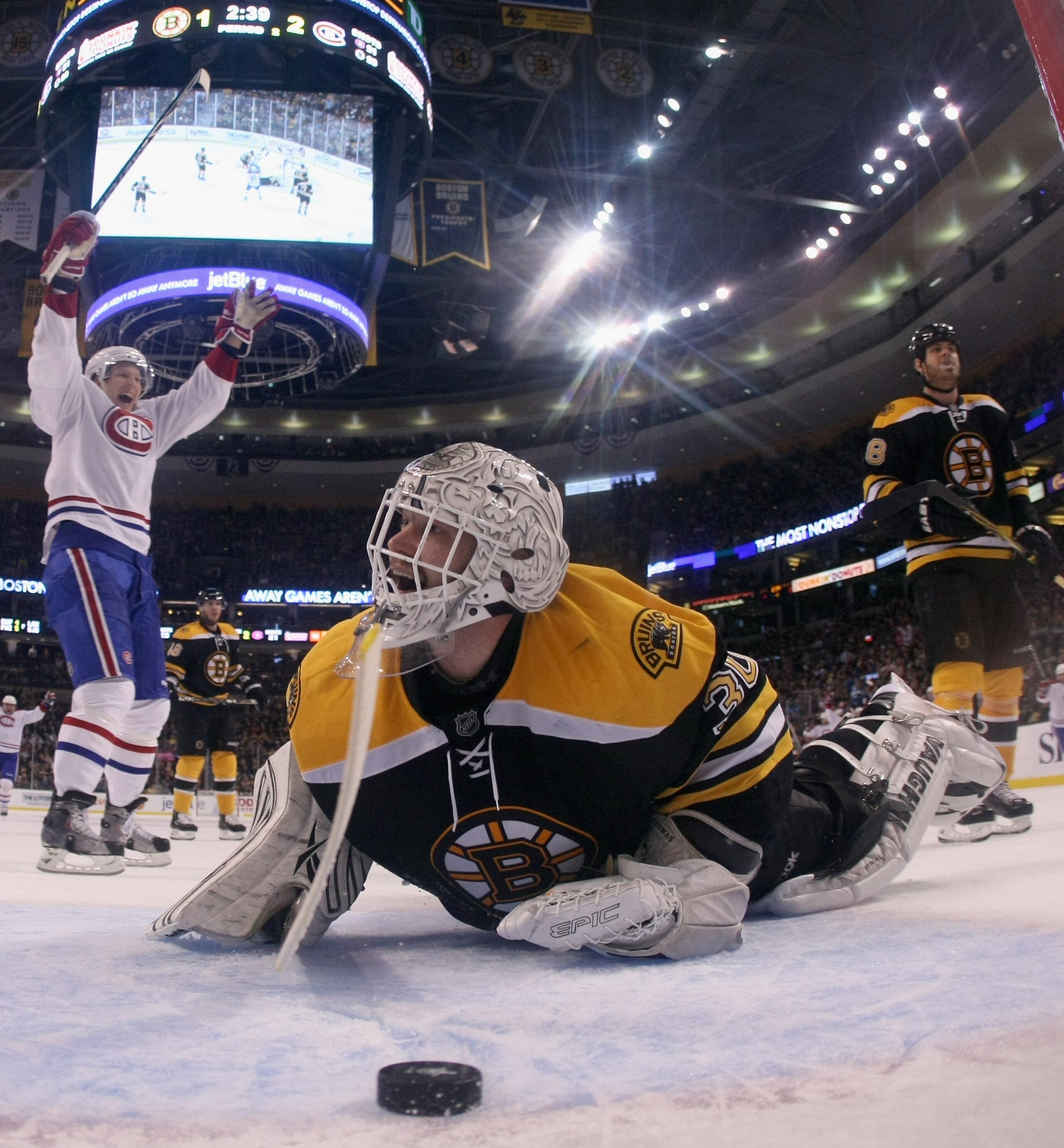 BOSTON, MA - APRIL 16:  Tim Thomas #30 of the Boston Bruins reacts after Yannick Weber #68 of the Montreal Canadiens scored the third goal of the game in Game Two of the Eastern Conference Quarterfinals during the 2011 NHL Stanley Cup Playoffs at TD Garde