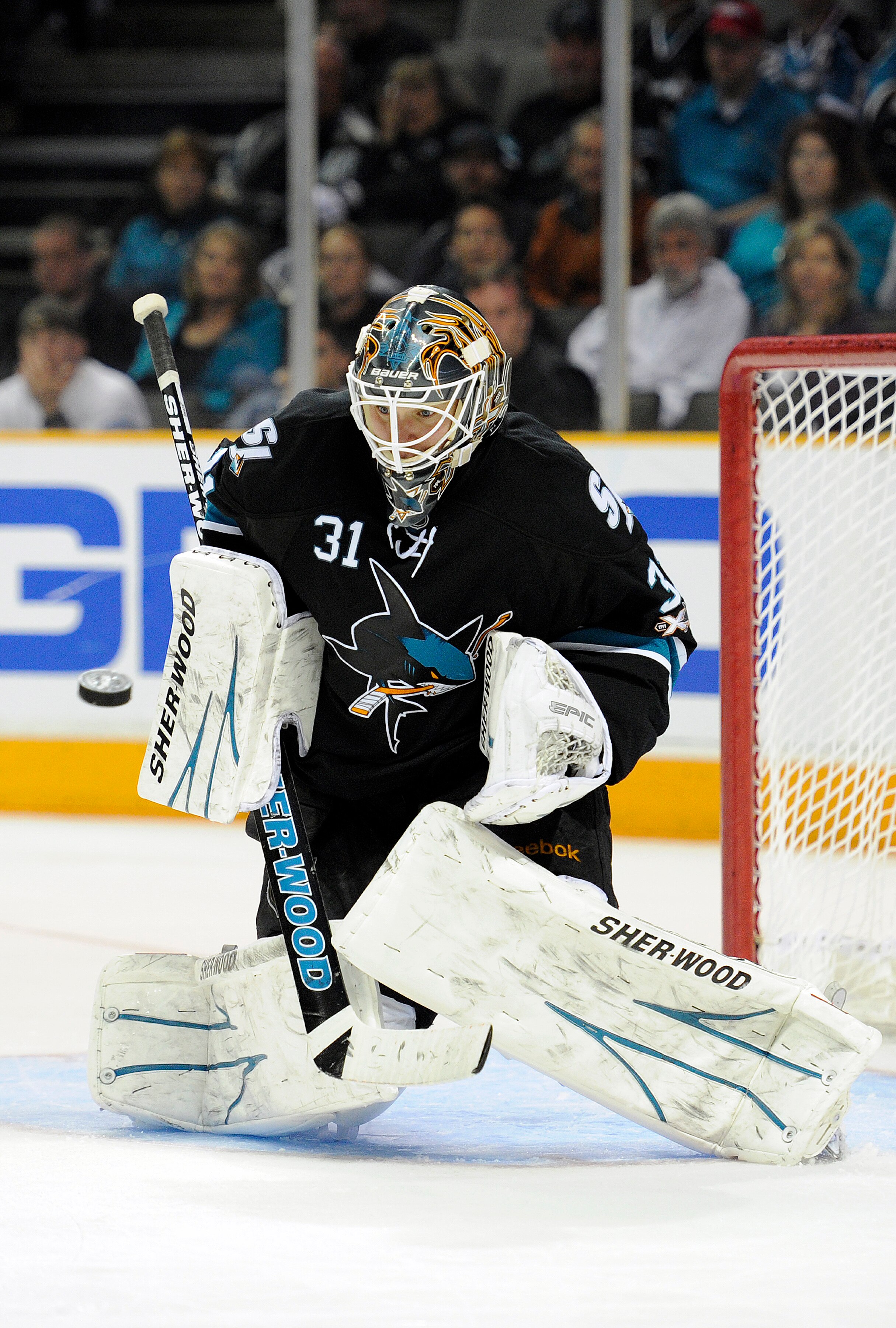 SAN JOSE, CA - APRIL 16: Antti Niemi #31 of the San Jose Sharks makes a save against the Los Angeles Kings in Game Two of the Western Conference Quarterfinals  during the 2011 NHL Stanley Cup Playoffs at the HP Pavilion on April 16, 2011 in San Jose, Cali
