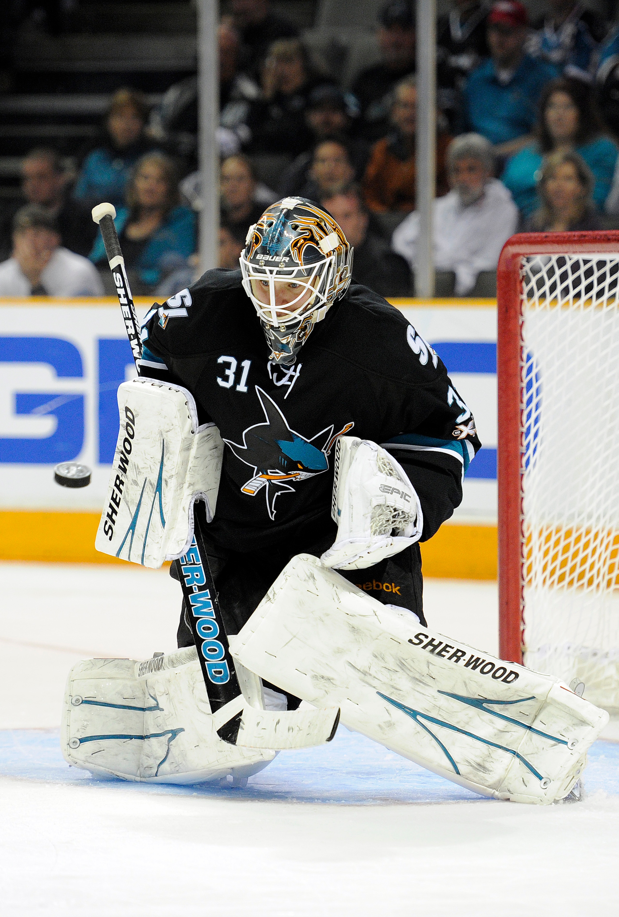 SAN JOSE, CA - APRIL 16: Antti Niemi #31 of the San Jose Sharks makes a save against the Los Angeles Kings in Game Two of the Western Conference Quarterfinals  during the 2011 NHL Stanley Cup Playoffs at the HP Pavilion on April 16, 2011 in San Jose, Cali