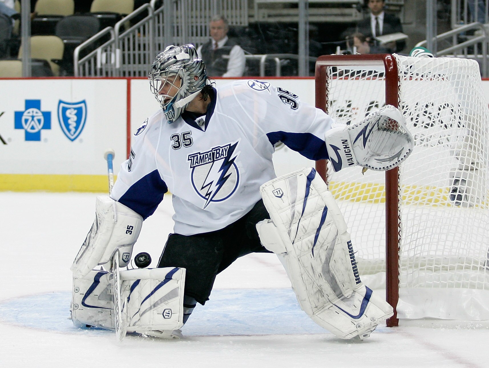 PITTSBURGH, PA - APRIL 15:  Goalie Dwayne Roloson #35 of the Tampa Bay Lightning makes a third period save against the Pittsburgh Penguins during Game Two of the Eastern Conference Quarterfinals during the 2011 NHL Stanley Cup Playoffs at Consol Energy Ce