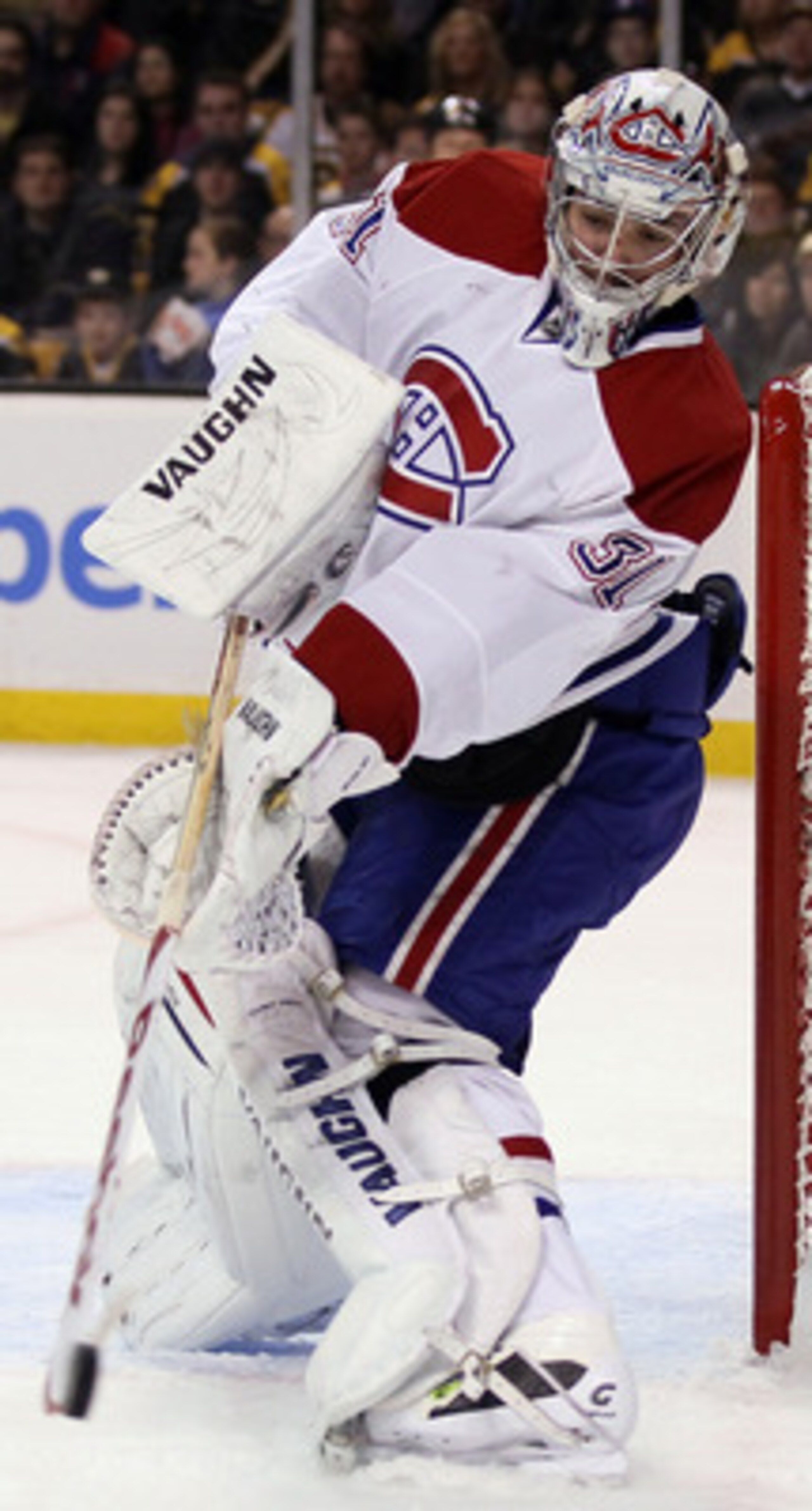 BOSTON, MA - APRIL 16:  Carey Price #31 of the Montreal Canadiens clears the puck against the Boston Bruins in Game Two of the Eastern Conference Quarterfinals during the 2011 NHL Stanley Cup Playoffs at TD Garden on April 16, 2011 in Boston, Massachusett
