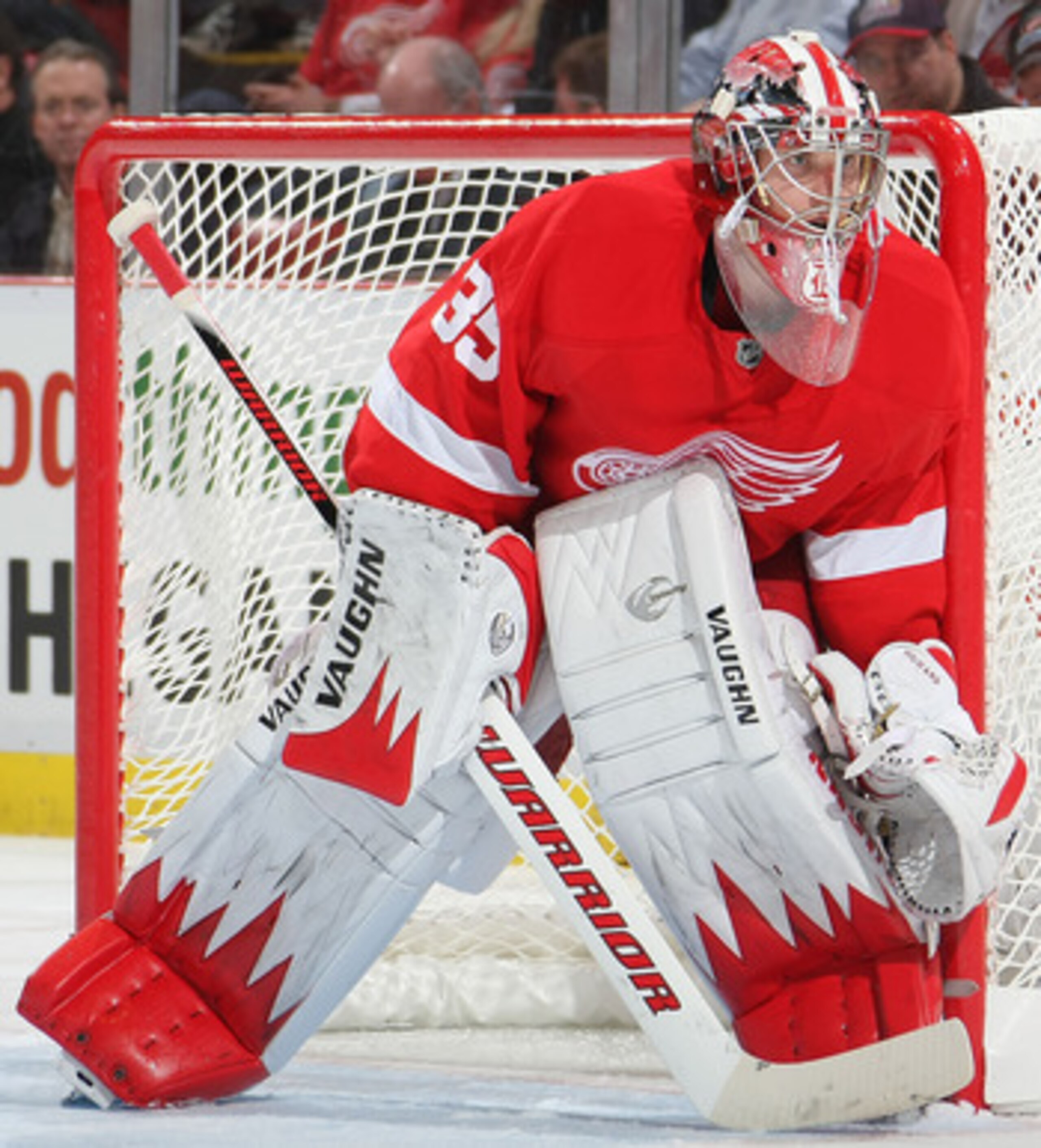 DETROIT, MI- APRIL 13:  Jimmy Howard #35 of the Detroit Red Wings keeps an eye on play against the Phoenix Coyotes in Game One of the Western Conference Quarterfinals during the 2011 NHL Stanley Cup Playoffs at Joe Louis Arena on April 13, 2011 in Detroit