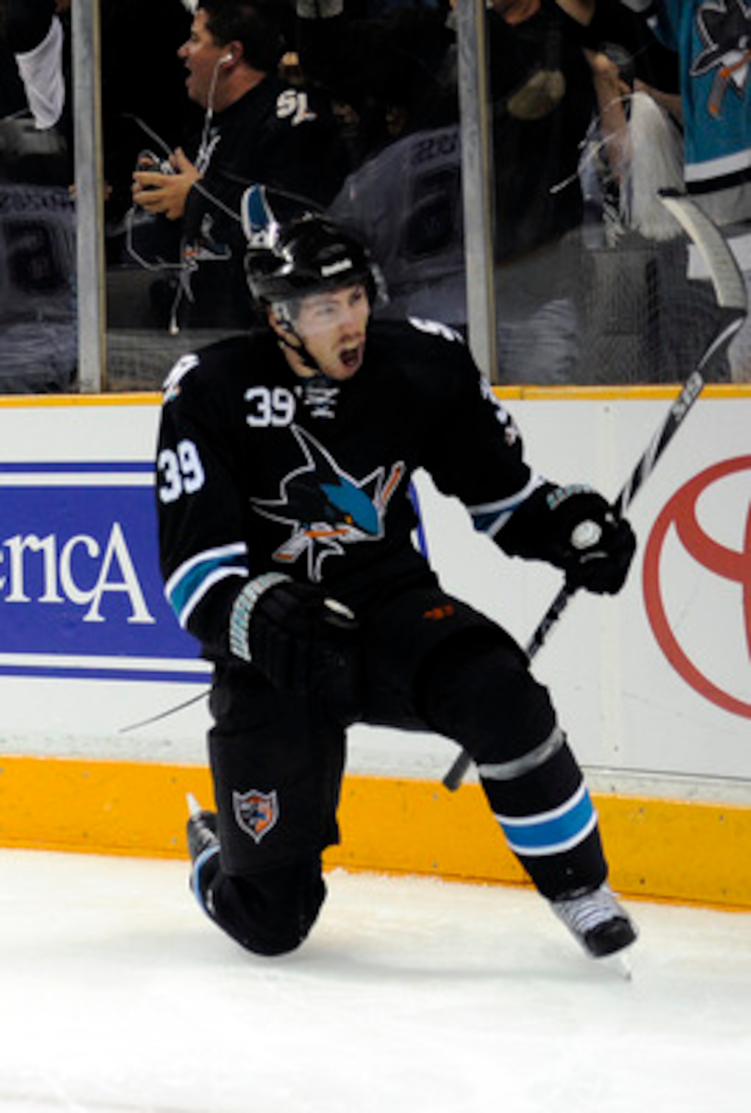 SAN JOSE, CA - APRIL 14: Logan Couture #39 of the San Jose Sharks celebrates after scoring a goal against the Los Angeles Kings in Game One of the Western Conference Quarterfinals during the 2011 NHL Stanley Cup Playoffs at the HP Pavilion on April 14, 2 SAN JOSE, CA - APRIL 14: Logan Couture #39 of the San Jose Sharks celebrates after scoring a goal against the Los Angeles Kings in Game One of the Western Conference Quarterfinals during the 2011 NHL Stanley Cup Playoffs at the HP Pavilion on April 14, 2