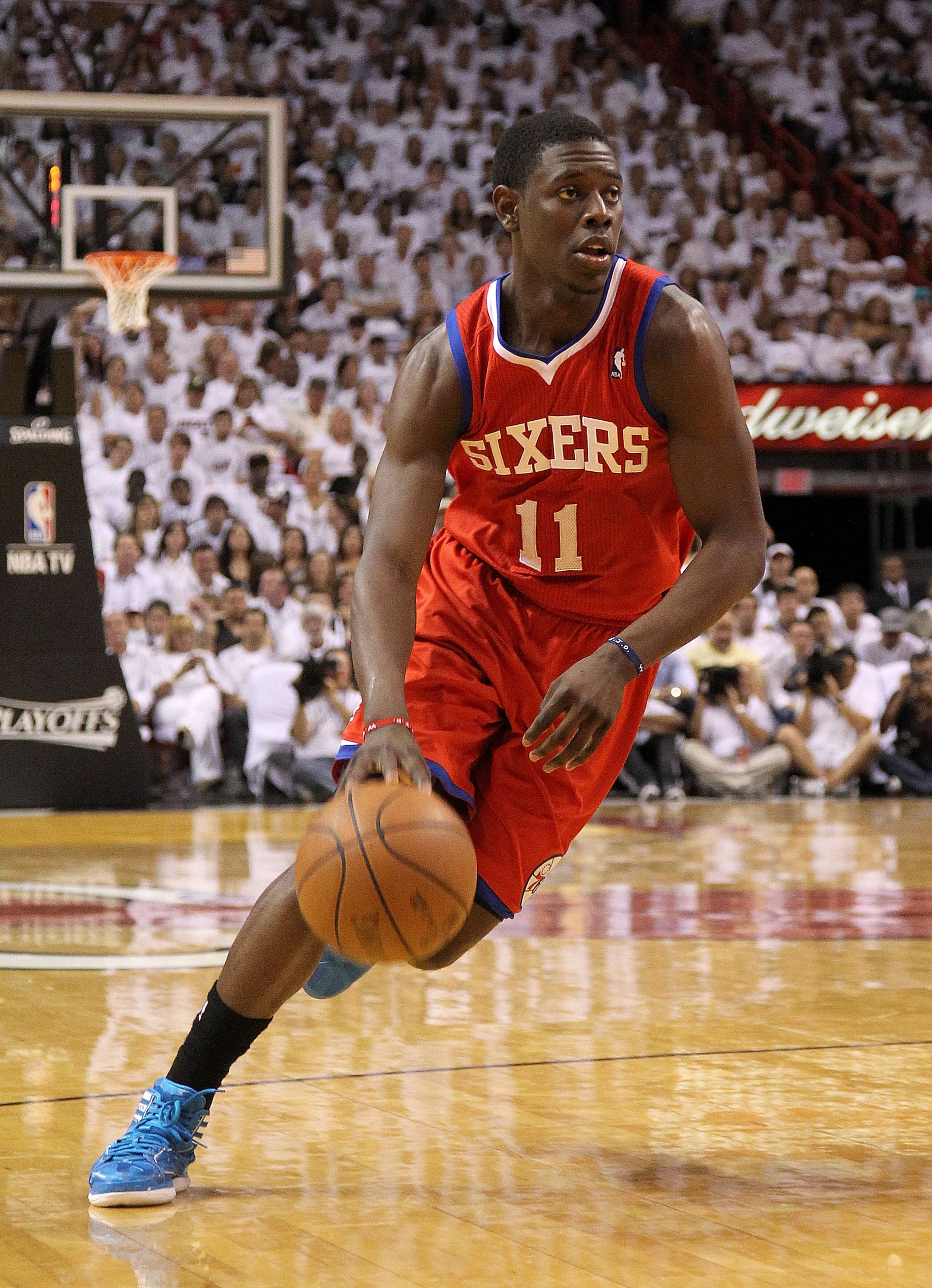MIAMI, FL - APRIL 18:  Jrue Holiday #11 of the Philadelphia 76ers dribbles   during game two of the Eastern Conference Quarterfinals against the Miami Heat  at American Airlines Arena on April 18, 2011 in Miami, Florida. NOTE TO USER: User expressly ackno