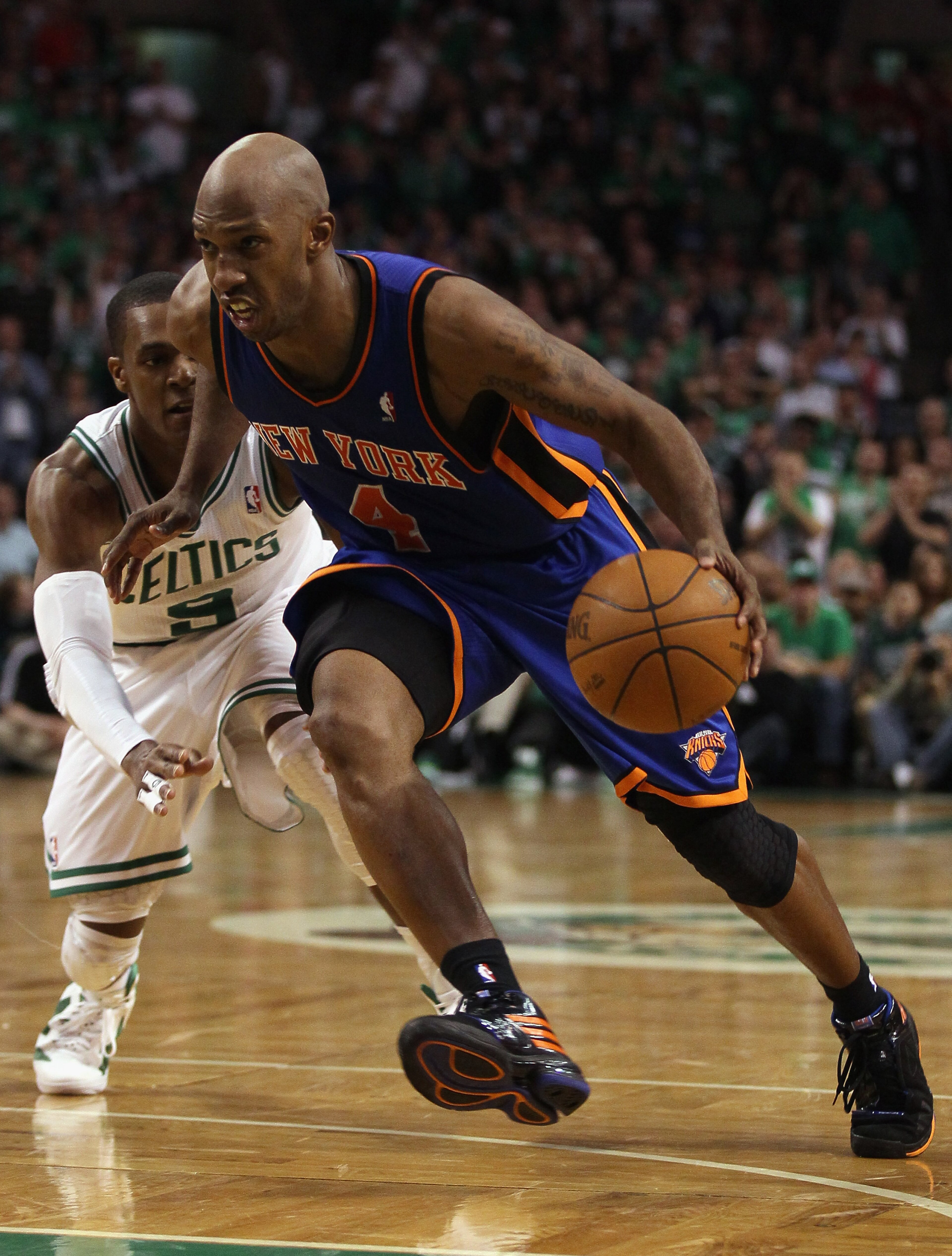 BOSTON, MA - APRIL 17: Chauncey Billups #4 of the New York Knicks drives to the net as Rajon Rondo #9 of the Boston Celtics defends in Game One of the Eastern Conference Quarterfinals in the 2011 NBA Playoffs on April 17, 2011 at the TD Garden in Boston, BOSTON, MA - APRIL 17: Chauncey Billups #4 of the New York Knicks drives to the net as Rajon Rondo #9 of the Boston Celtics defends in Game One of the Eastern Conference Quarterfinals in the 2011 NBA Playoffs on April 17, 2011 at the TD Garden in Boston,