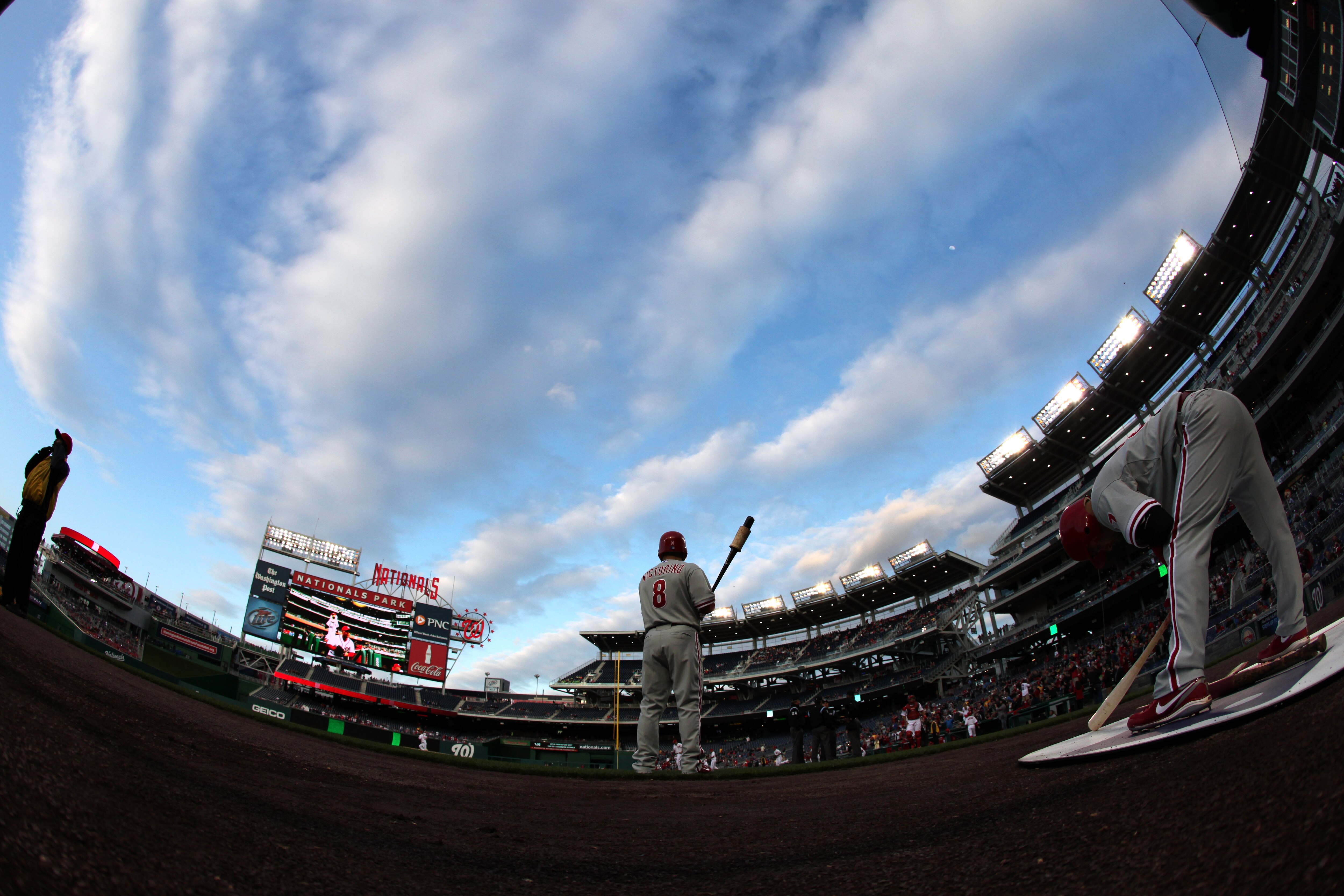 WASHINGTON, DC - APRIL 13:  Shane Victorino #8 of the Philadelphia Phillies waits to bat against the Washington Nationals during the first inning at Nationals Park on April 13, 2011 in Washington, DC.  (Photo by Rob Carr/Getty Images)