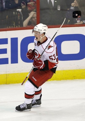 WASHINGTON, DC - MARCH 29:  Jeff Skinner #53 of the Carolina Hurricanes celebrates after scoring during a shootout against the Washington Capitals at the Verizon Center on March 29, 2011 in Washington, DC.  (Photo by Rob Carr/Getty Images)