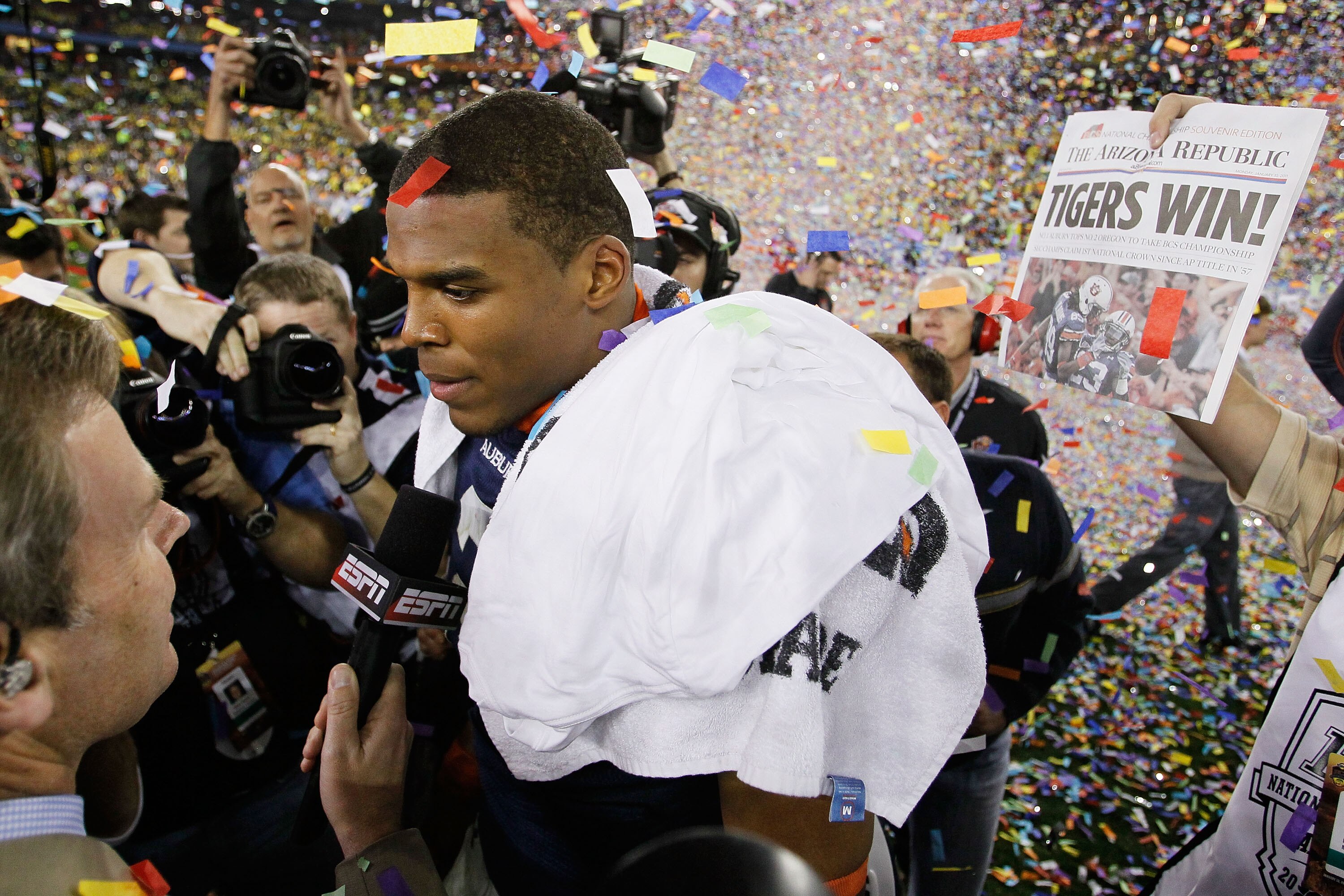 GLENDALE, AZ - JANUARY 10:  Quarterback Cameron Newton #2 of the Auburn Tigers celebrates their 22-19 victory after defeating the Oregon Ducks in the Tostitos BCS National Championship Game at University of Phoenix Stadium on January 10, 2011 in Glendale,