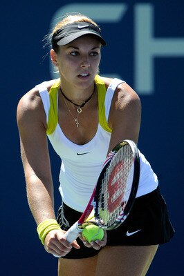 NEW YORK, NY - AUGUST 30:  Sabine Lisicki of Germany serves against Alona Bondarenko of Ukraine during Day Two of the 2011 US Open at the USTA Billie Jean King National Tennis Center on August 30, 2011 in the Flushing neighborhood of the Queens borough of