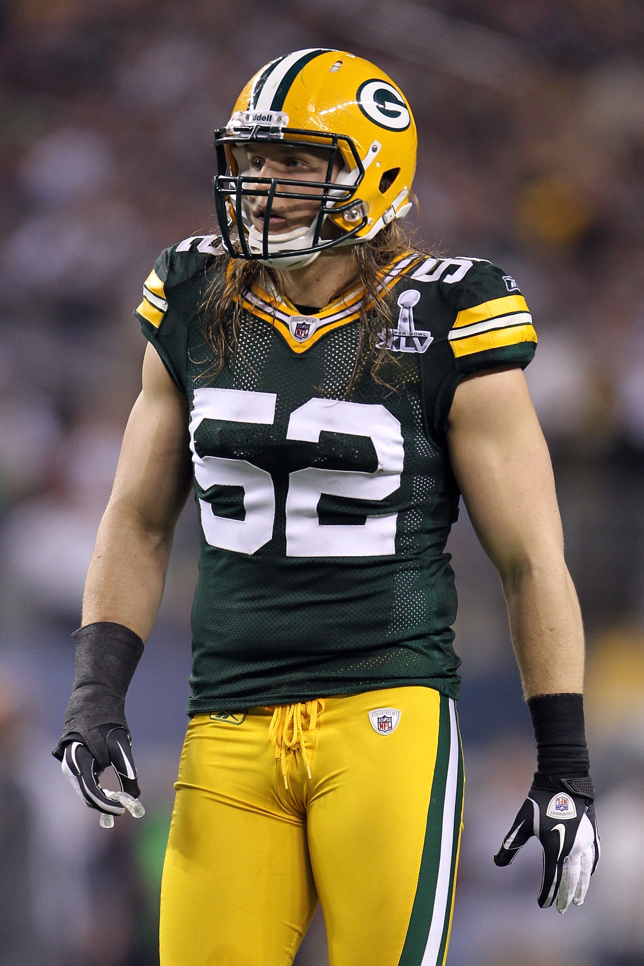 ARLINGTON, TX - FEBRUARY 06: Clay Matthews #52 of the Green Bay Packers looks on during Super Bowl XLV against the Pittsburgh Steelers at Cowboys Stadium on February 6, 2011 in Arlington, Texas.  (Photo by Jamie Squire/Getty Images)