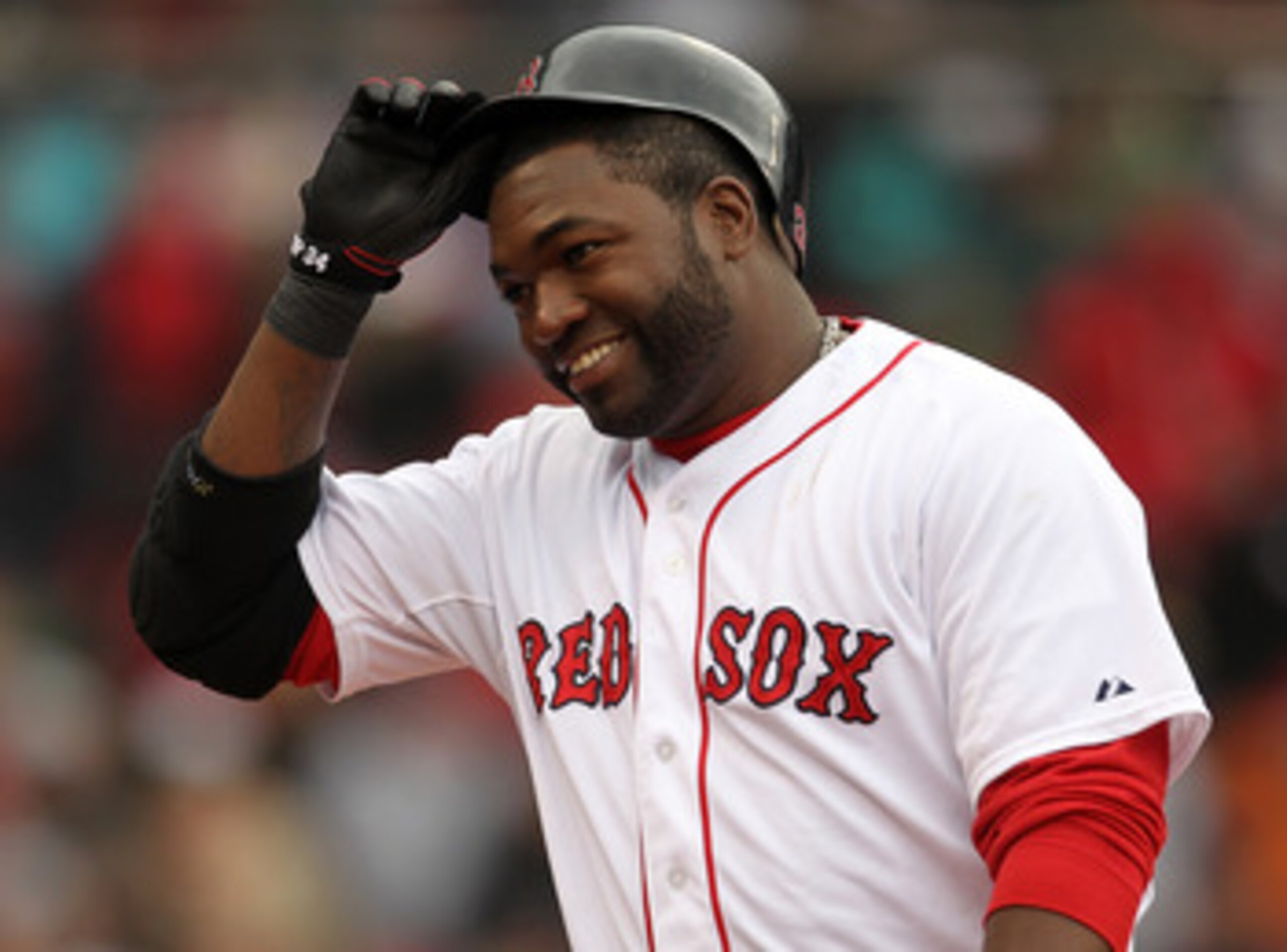 BOSTON, MA - APRIL 16, 2011:  David Ortiz #34 of the Boston Red Sox reacts in the seventh inning against the Toronto Blue Jays at Fenway Park April 16, 2011 in Boston, Massachusetts. (Photo by Jim Rogash/Getty Images)